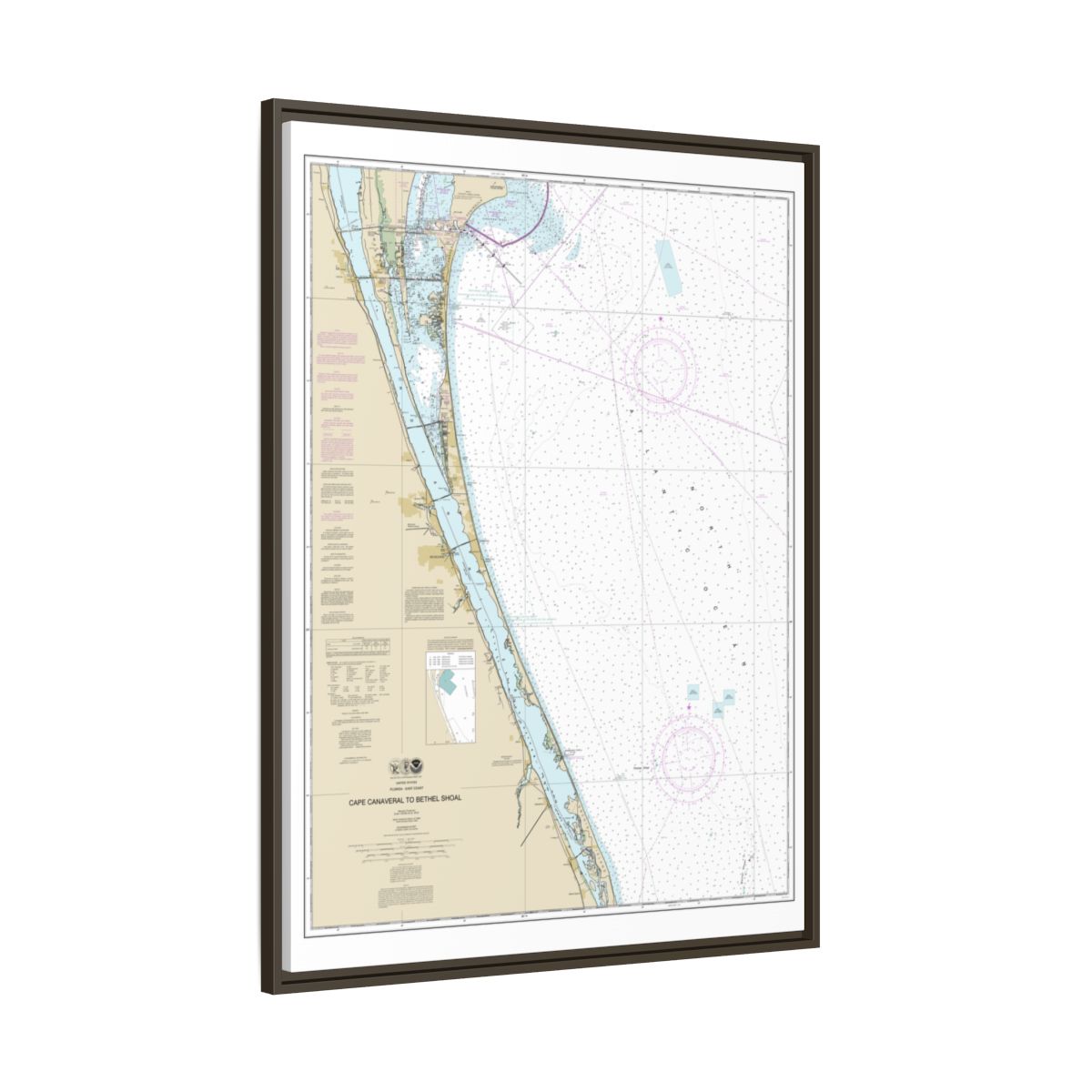 Chart 11476 Cape Canaveral to Bethel Shoal - NOAA Nautical Chart Floating Frame Canvas | 24" x 32" | 30" x 40" - Espresso side