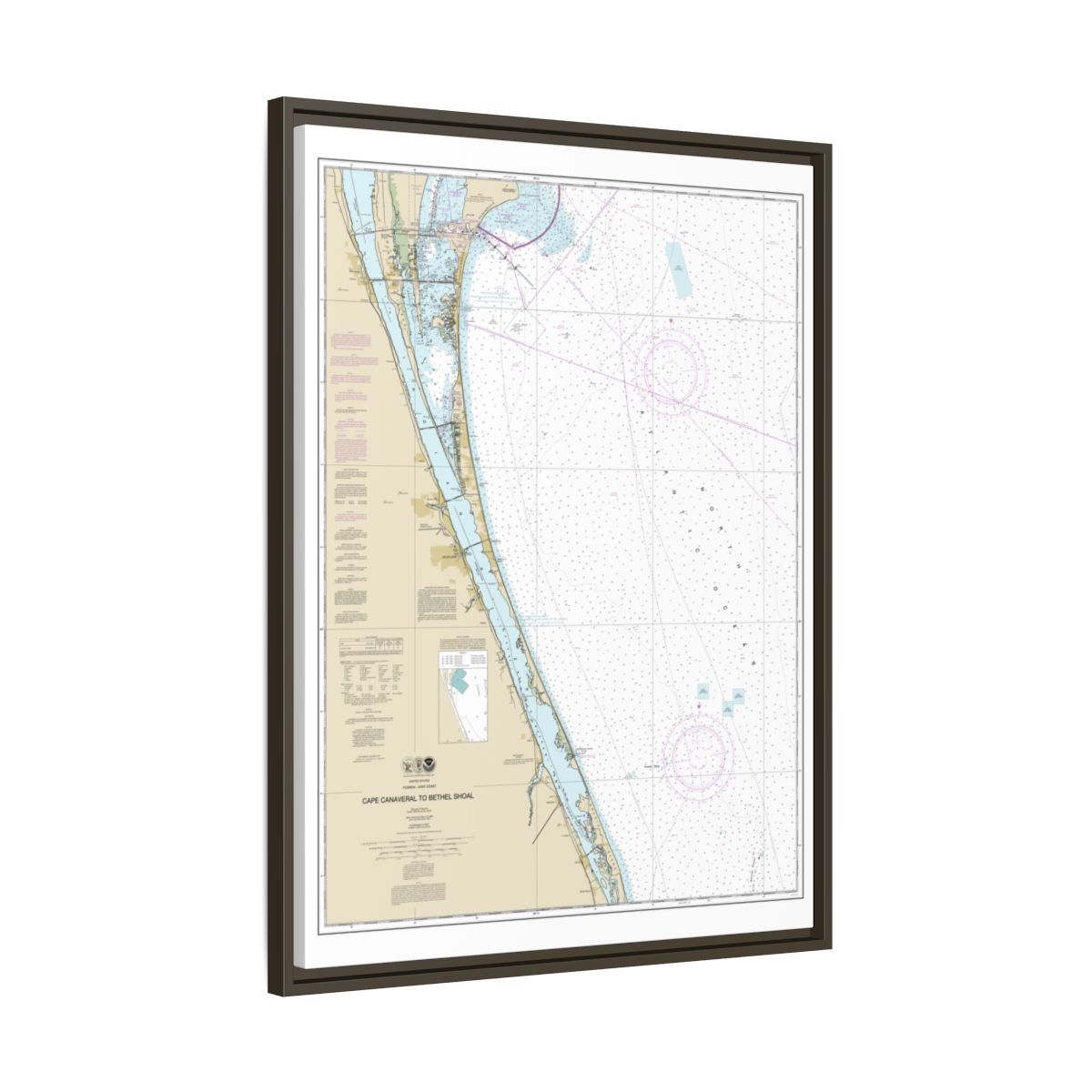 Chart 11476 Cape Canaveral to Bethel Shoal - NOAA Nautical Chart Floating Frame Canvas | 24" x 32" | 30" x 40" - Espresso side