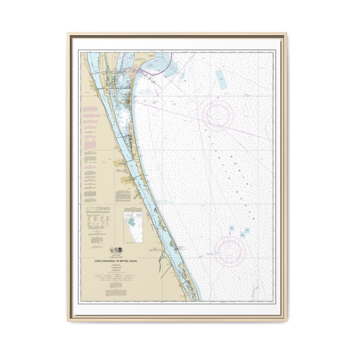 Chart 11476 Cape Canaveral to Bethel Shoal - NOAA Nautical Chart Floating Frame Canvas | 24" x 32" | 30" x 40" - Natural front