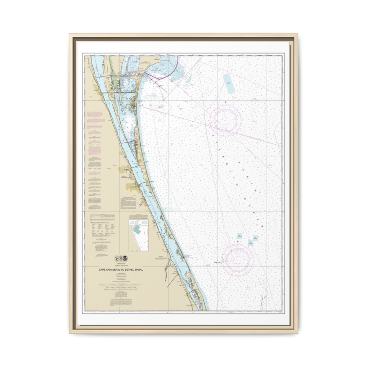 Chart 11476 Cape Canaveral to Bethel Shoal - NOAA Nautical Chart Floating Frame Canvas | 24" x 32" | 30" x 40" - Natural front