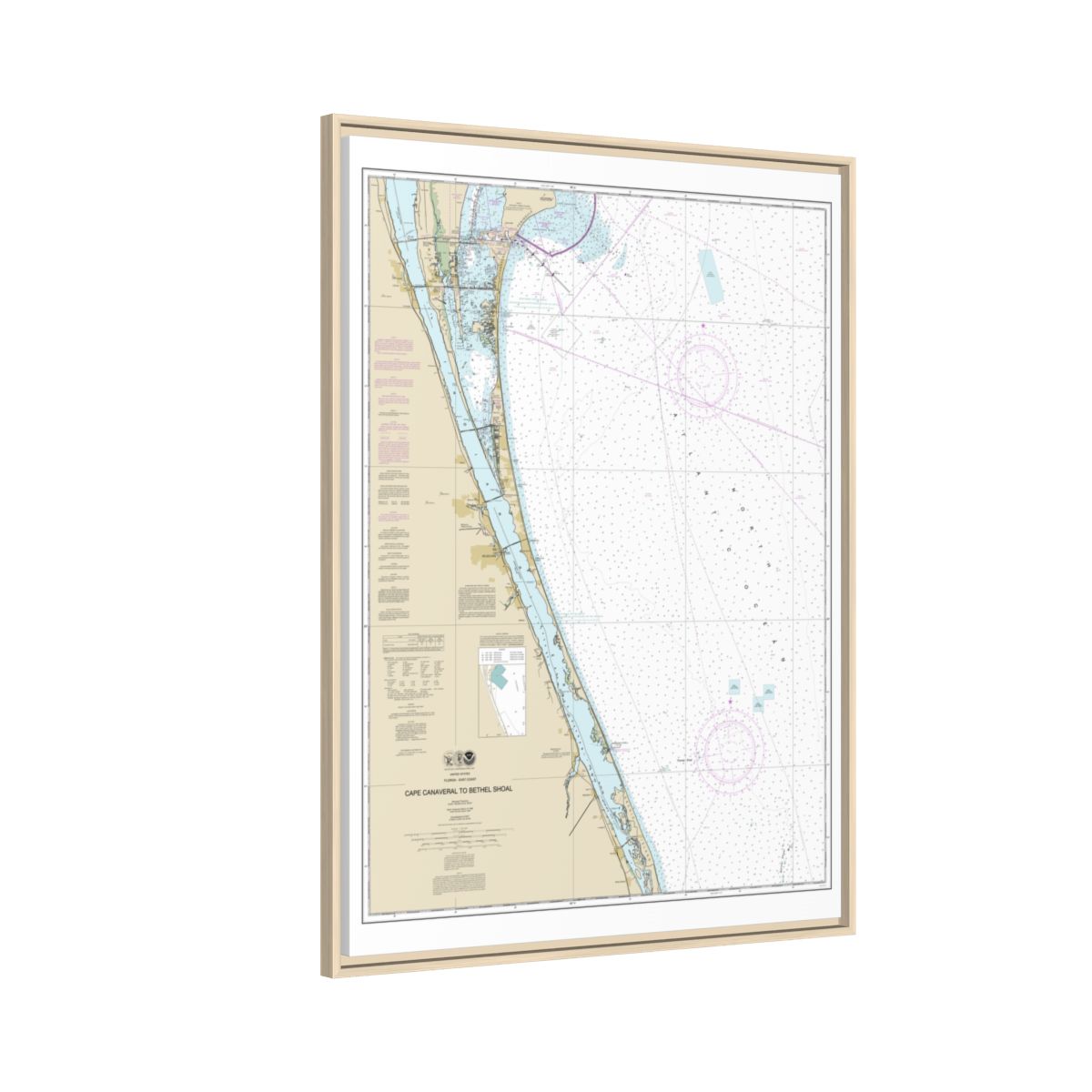Chart 11476 Cape Canaveral to Bethel Shoal - NOAA Nautical Chart Floating Frame Canvas | 24" x 32" | 30" x 40" - Natural side