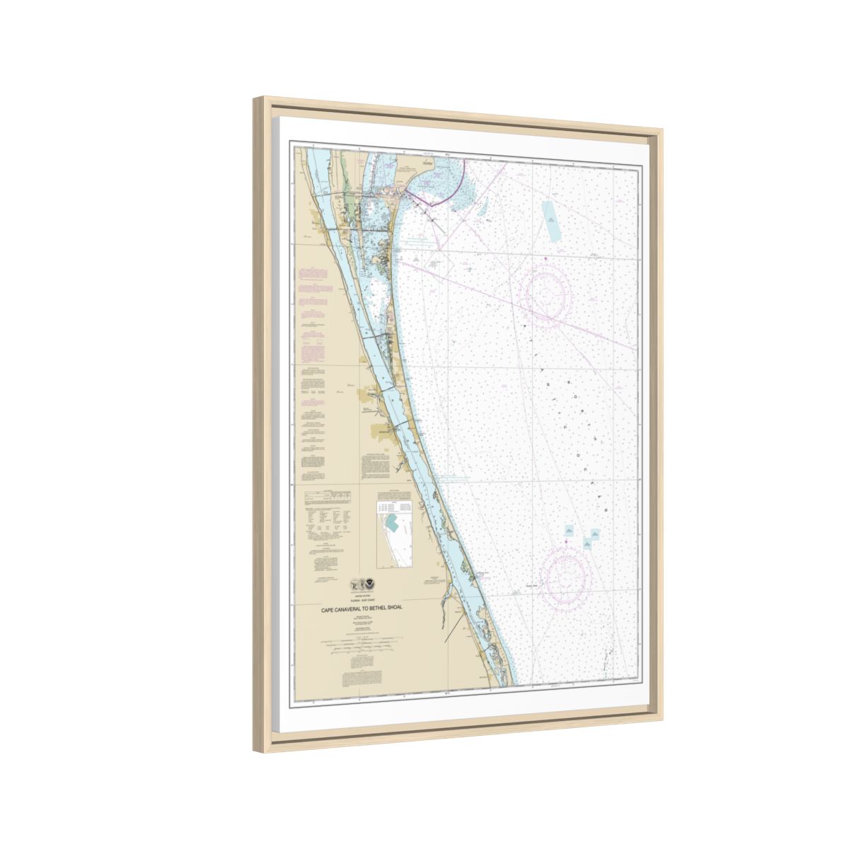 Chart 11476 Cape Canaveral to Bethel Shoal - NOAA Nautical Chart Floating Frame Canvas | 24" x 32" | 30" x 40" - Natural side