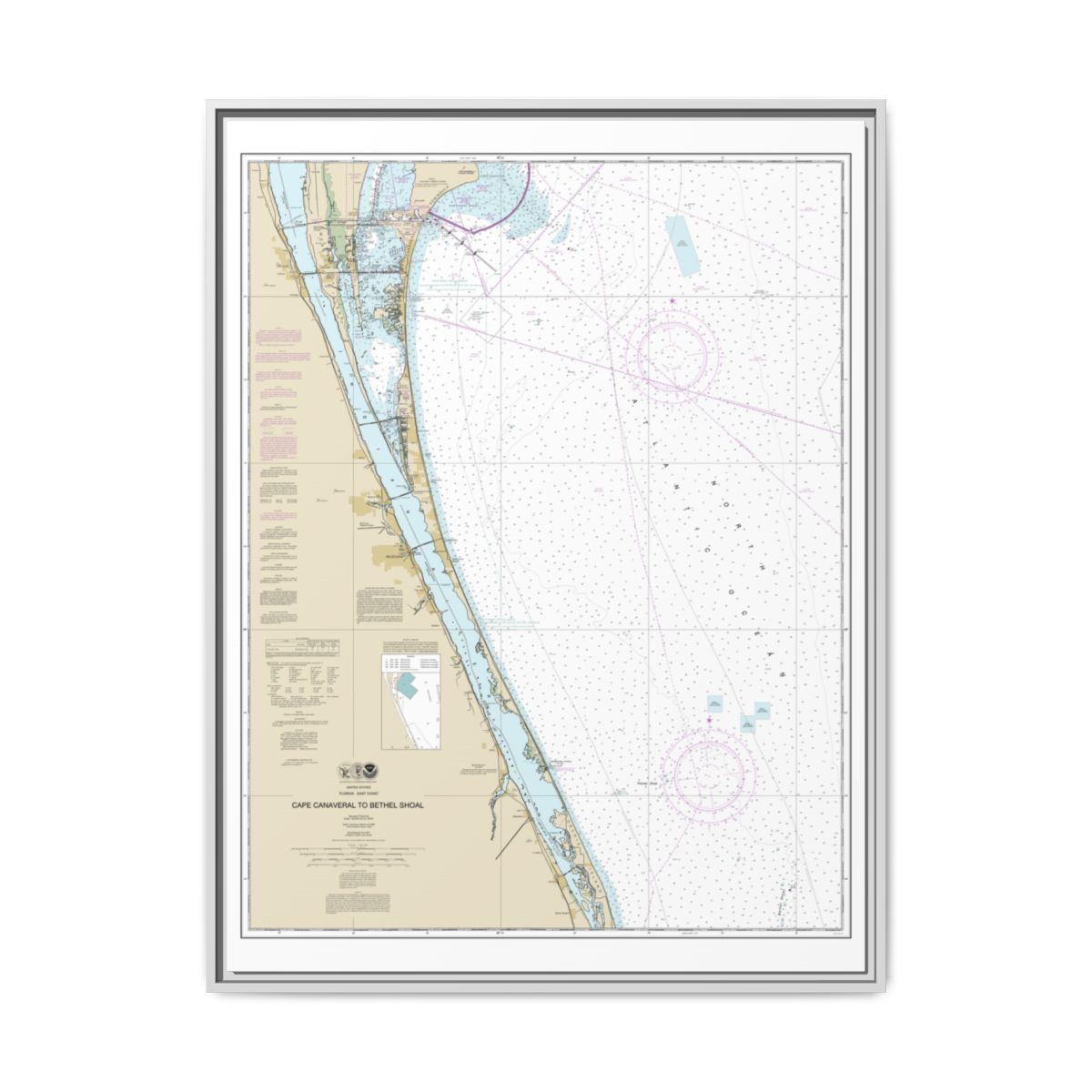 Chart 11476 Cape Canaveral to Bethel Shoal - NOAA Nautical Chart Floating Frame Canvas | 24" x 32" | 30" x 40" - White front
