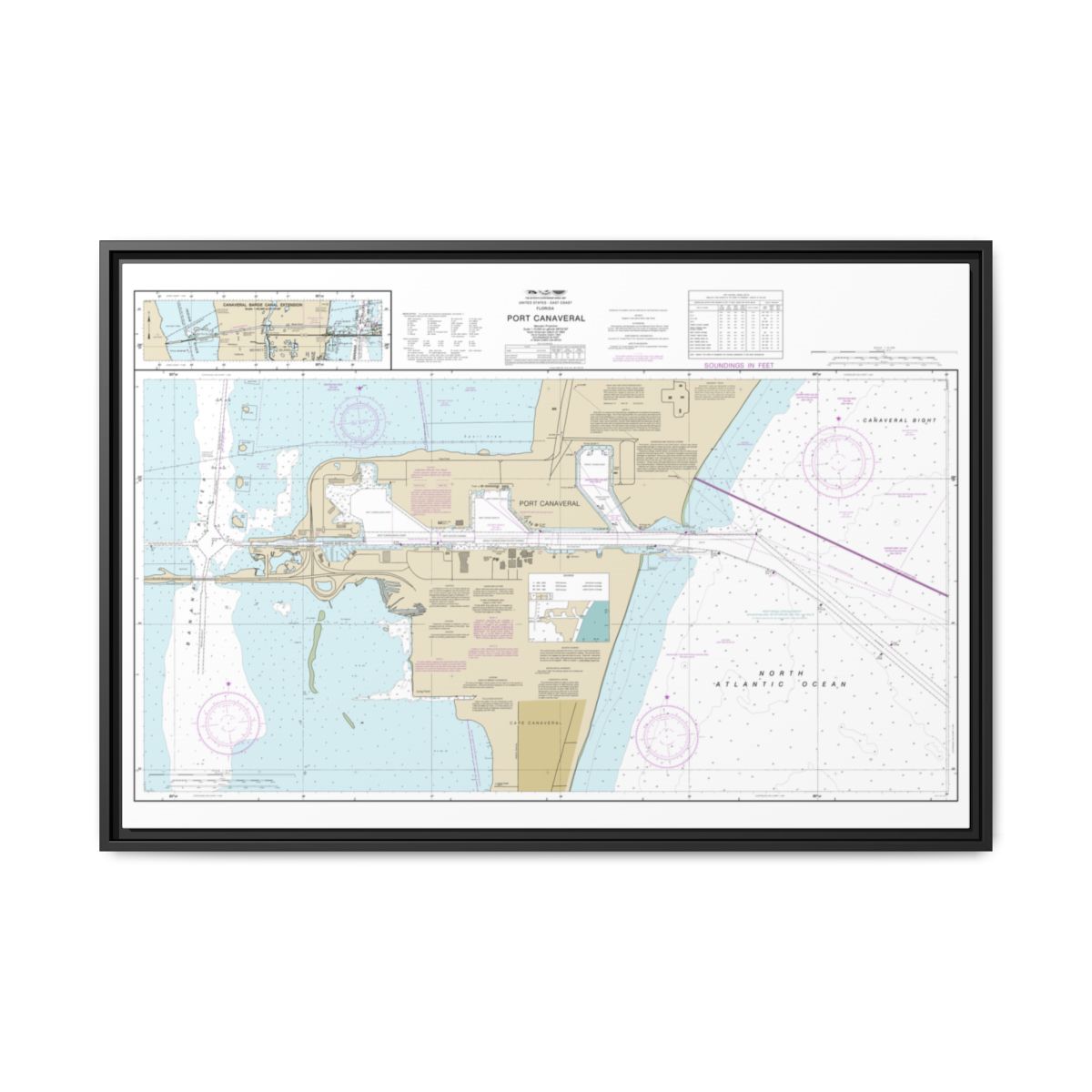 Chart 11478 Port Canaveral;Canaveral Barge Canal Extension - NOAA Nautical Chart Floating Frame Canvas | 30" x 20" | 36" x 24" | 48" x 32" - Black front