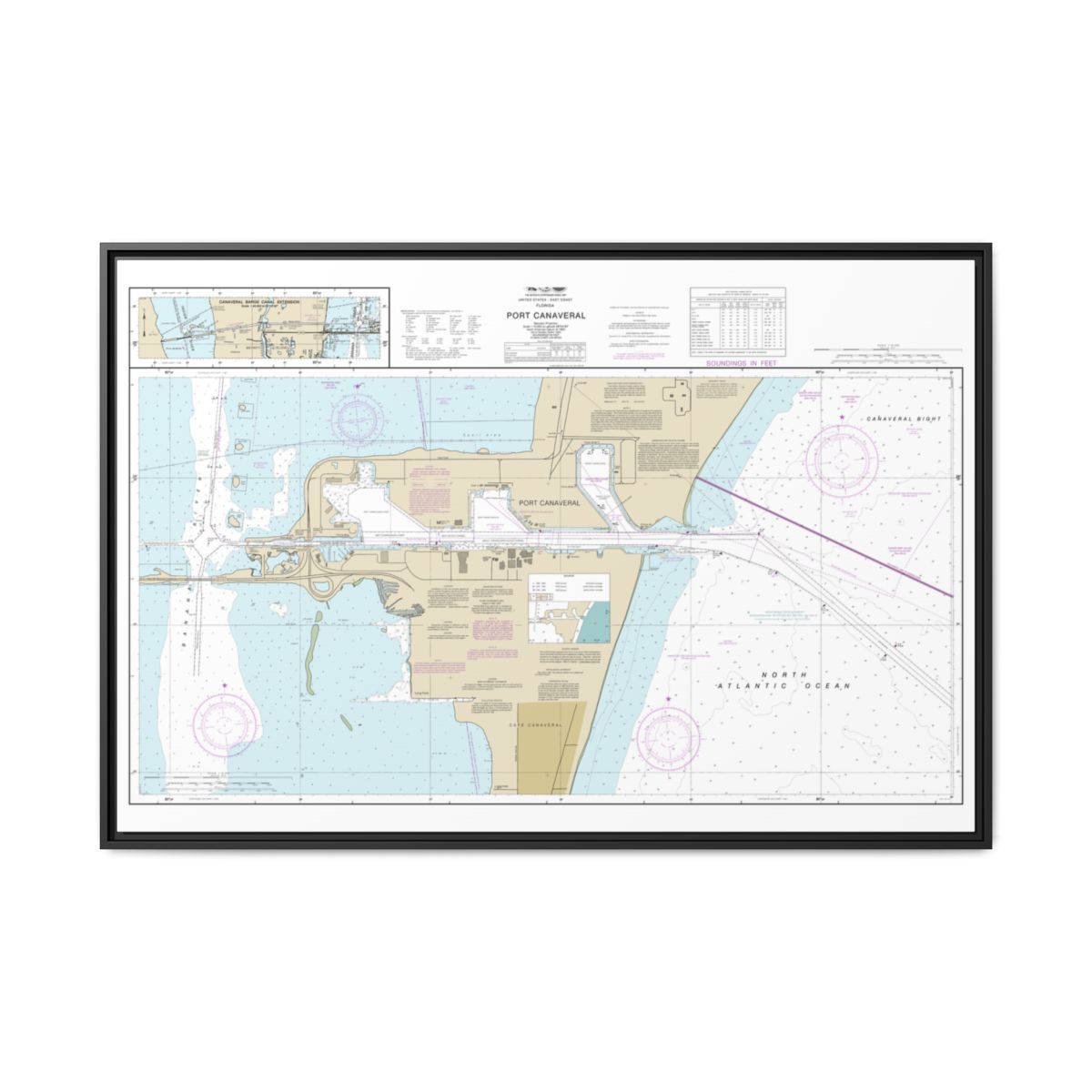 Chart 11478 Port Canaveral;Canaveral Barge Canal Extension - NOAA Nautical Chart Floating Frame Canvas | 30" x 20" | 36" x 24" | 48" x 32" - Black front
