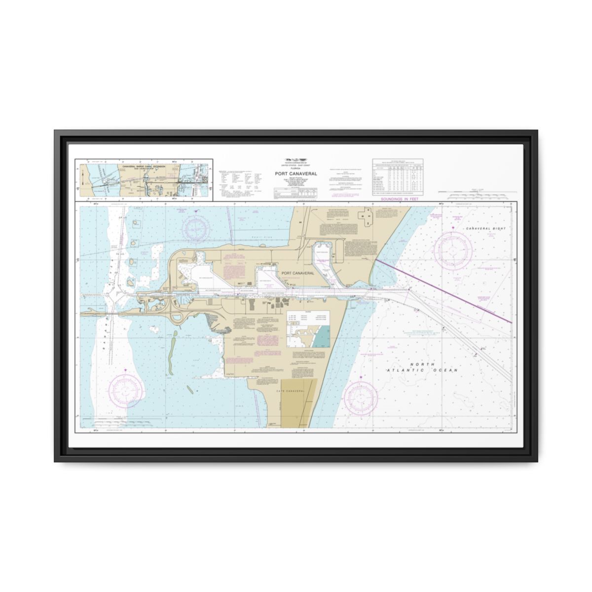 Chart 11478 Port Canaveral;Canaveral Barge Canal Extension - NOAA Nautical Chart Floating Frame Canvas | 30" x 20" | 36" x 24" | 48" x 32" - Black front