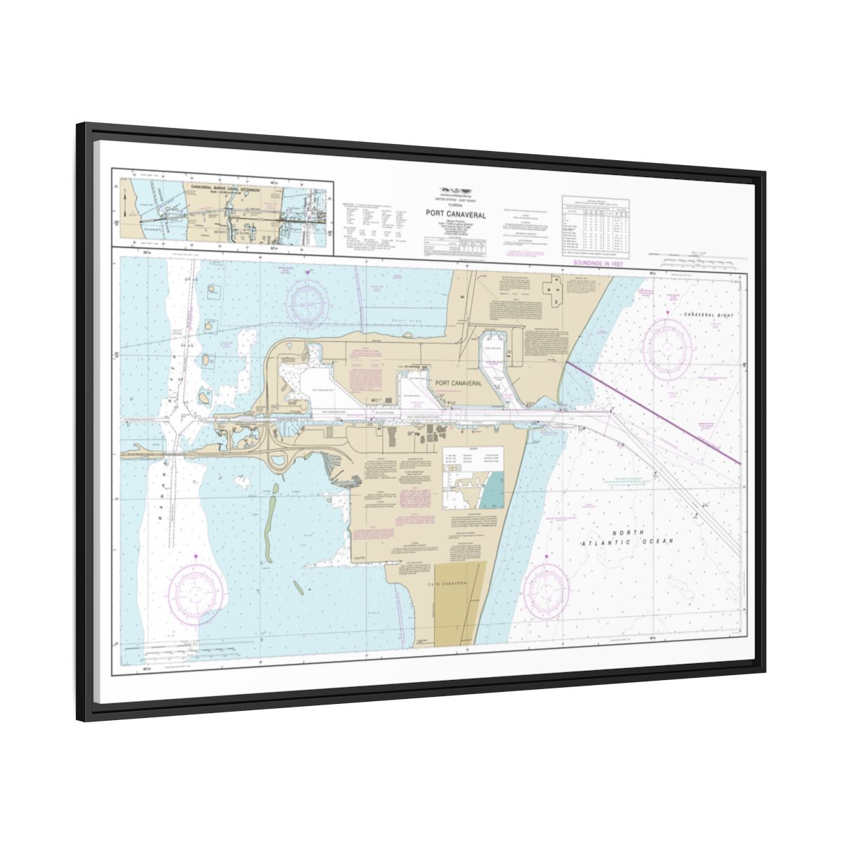 Chart 11478 Port Canaveral;Canaveral Barge Canal Extension - NOAA Nautical Chart Floating Frame Canvas | 30" x 20" | 36" x 24" | 48" x 32" - Black side