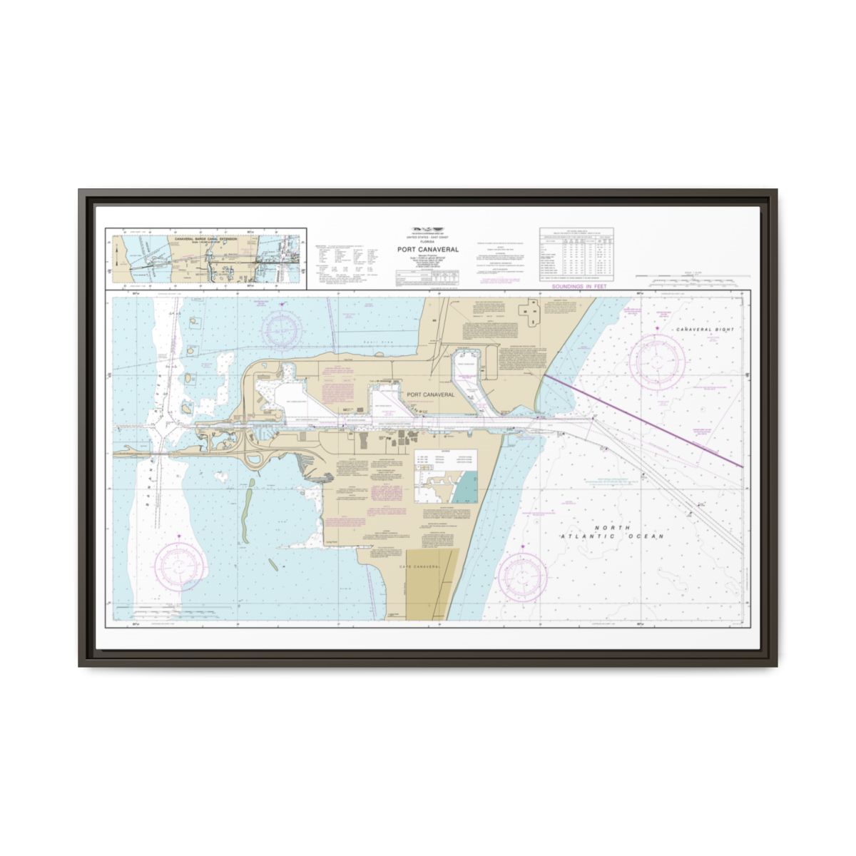 Chart 11478 Port Canaveral;Canaveral Barge Canal Extension - NOAA Nautical Chart Floating Frame Canvas | 30" x 20" | 36" x 24" | 48" x 32" - Espresso front