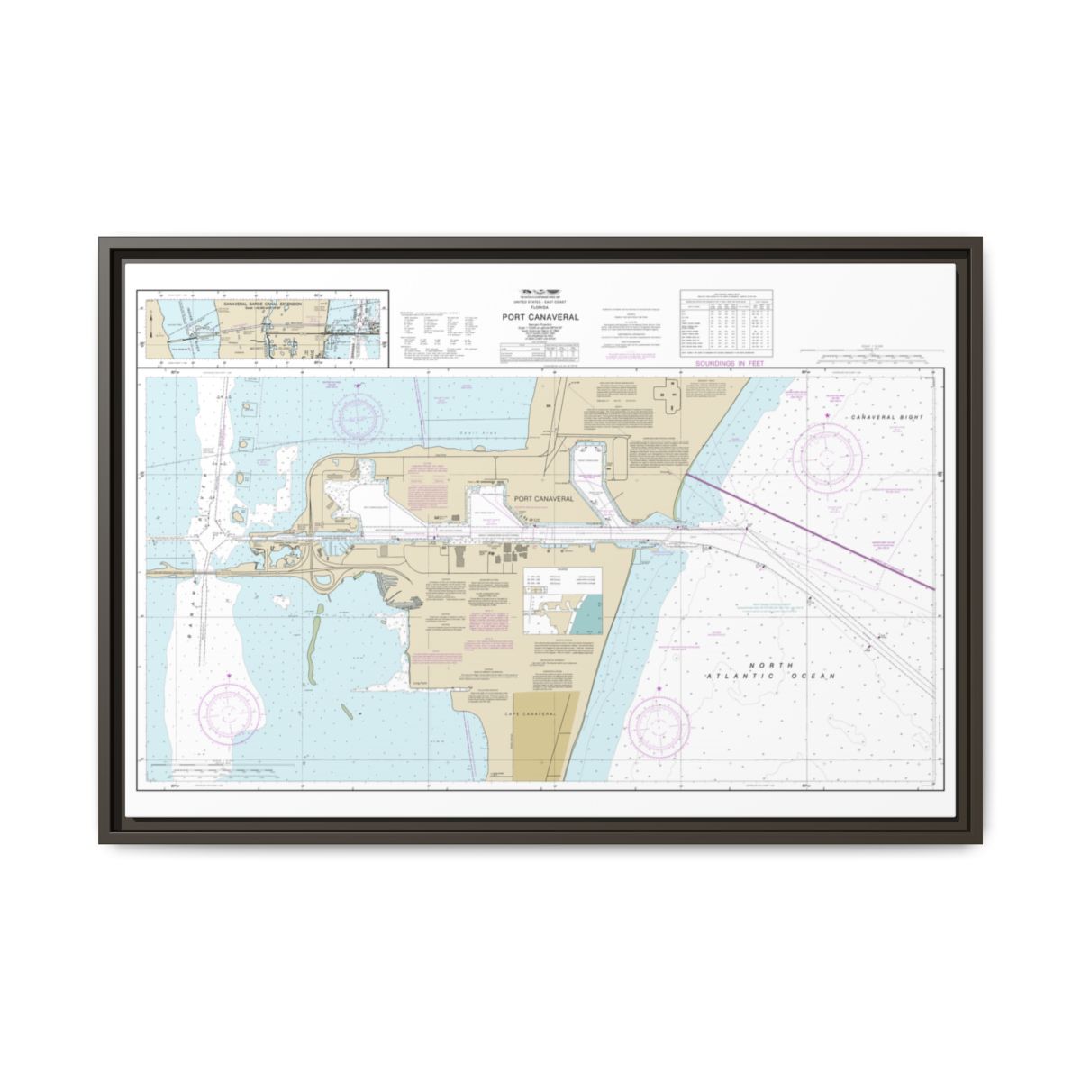 Chart 11478 Port Canaveral;Canaveral Barge Canal Extension - NOAA Nautical Chart Floating Frame Canvas | 30" x 20" | 36" x 24" | 48" x 32" - Espresso front