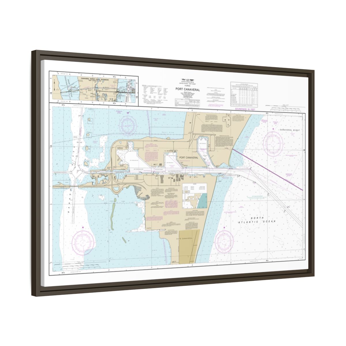 Chart 11478 Port Canaveral;Canaveral Barge Canal Extension - NOAA Nautical Chart Floating Frame Canvas | 30" x 20" | 36" x 24" | 48" x 32" - Espresso side