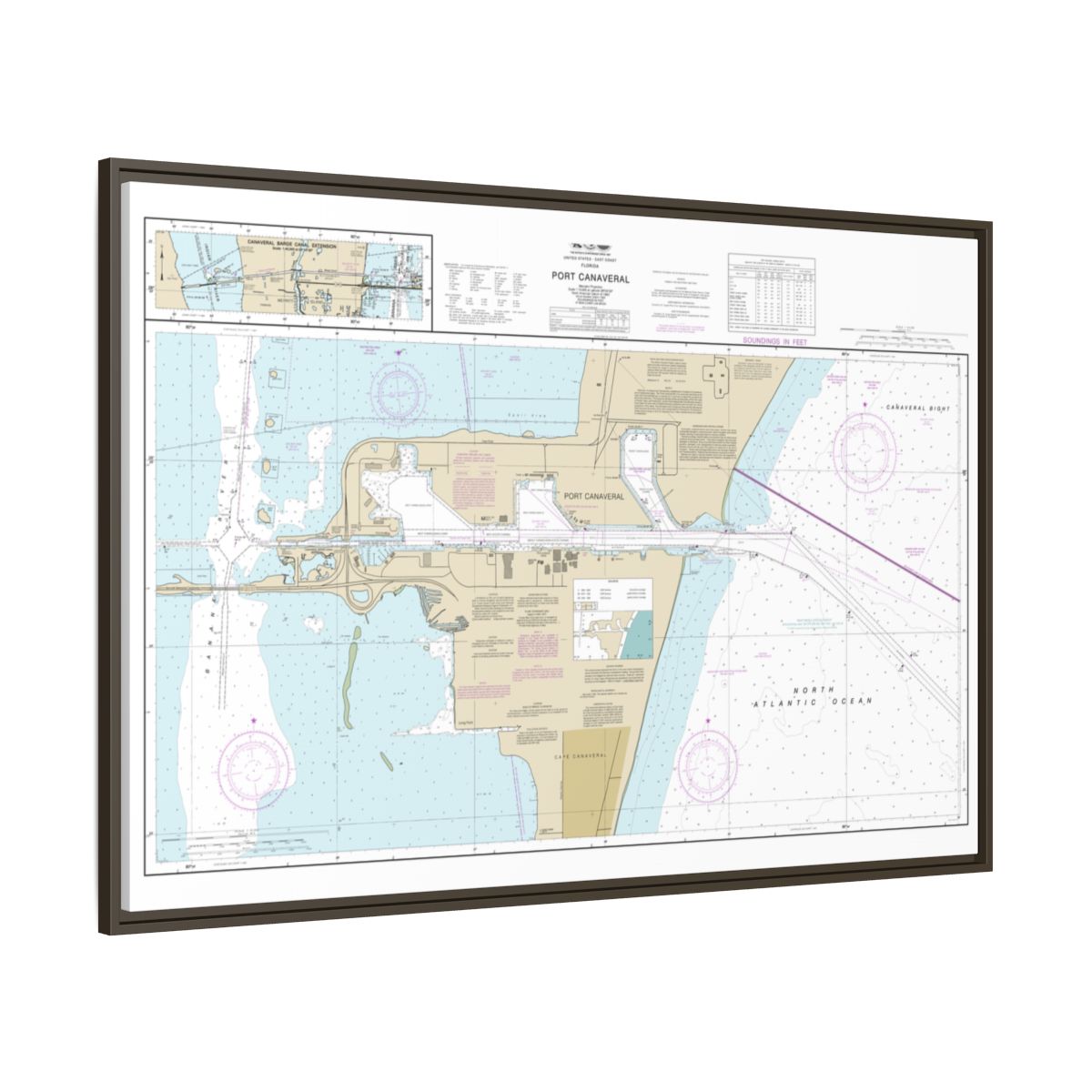 Chart 11478 Port Canaveral;Canaveral Barge Canal Extension - NOAA Nautical Chart Floating Frame Canvas | 30" x 20" | 36" x 24" | 48" x 32" - Espresso side