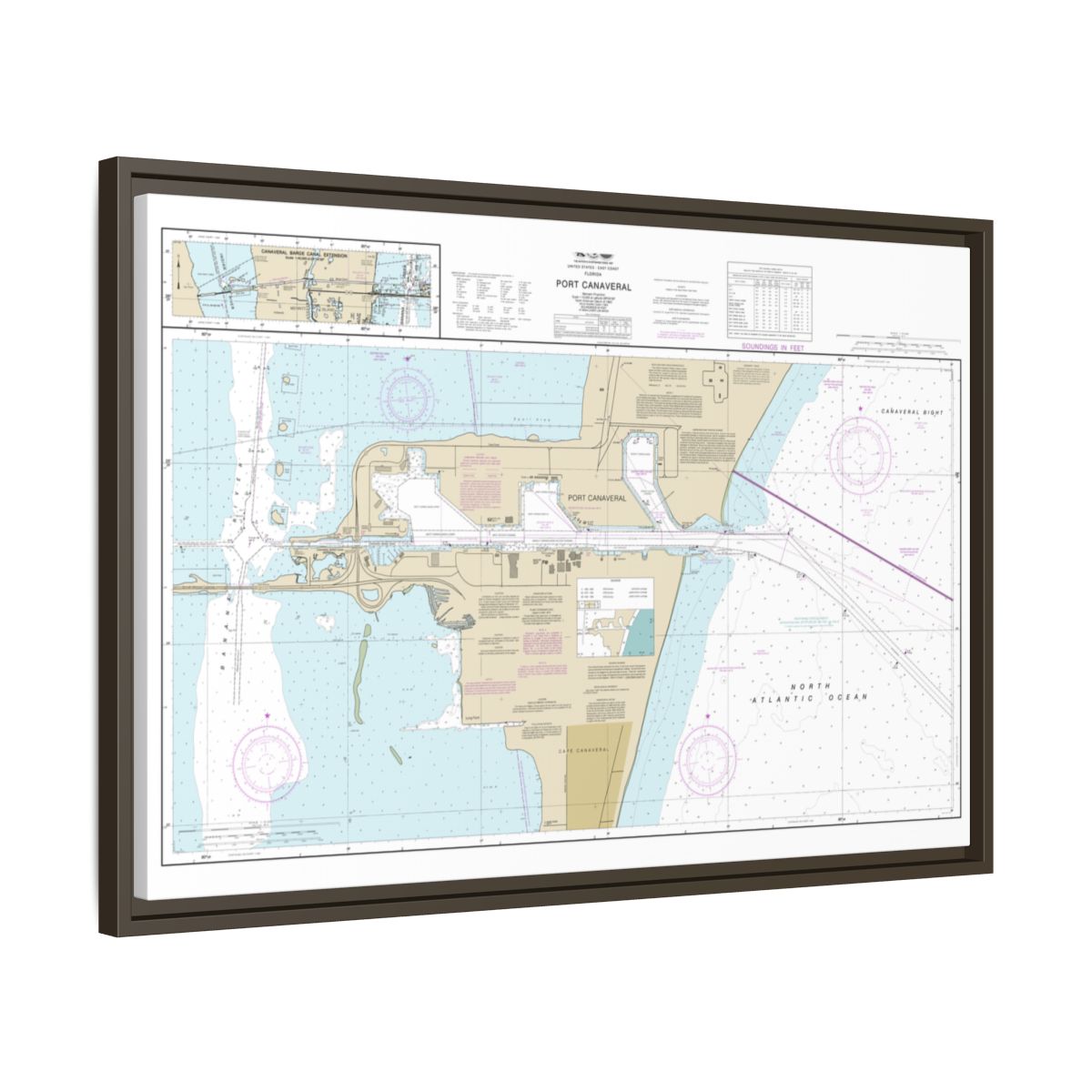 Chart 11478 Port Canaveral;Canaveral Barge Canal Extension - NOAA Nautical Chart Floating Frame Canvas | 30" x 20" | 36" x 24" | 48" x 32" - Espresso side