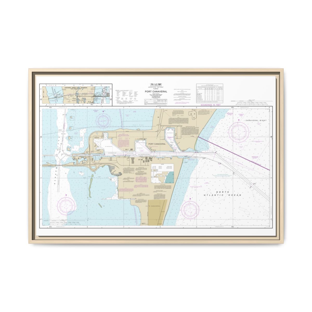 Chart 11478 Port Canaveral;Canaveral Barge Canal Extension - NOAA Nautical Chart Floating Frame Canvas | 30" x 20" | 36" x 24" | 48" x 32" - Natural front