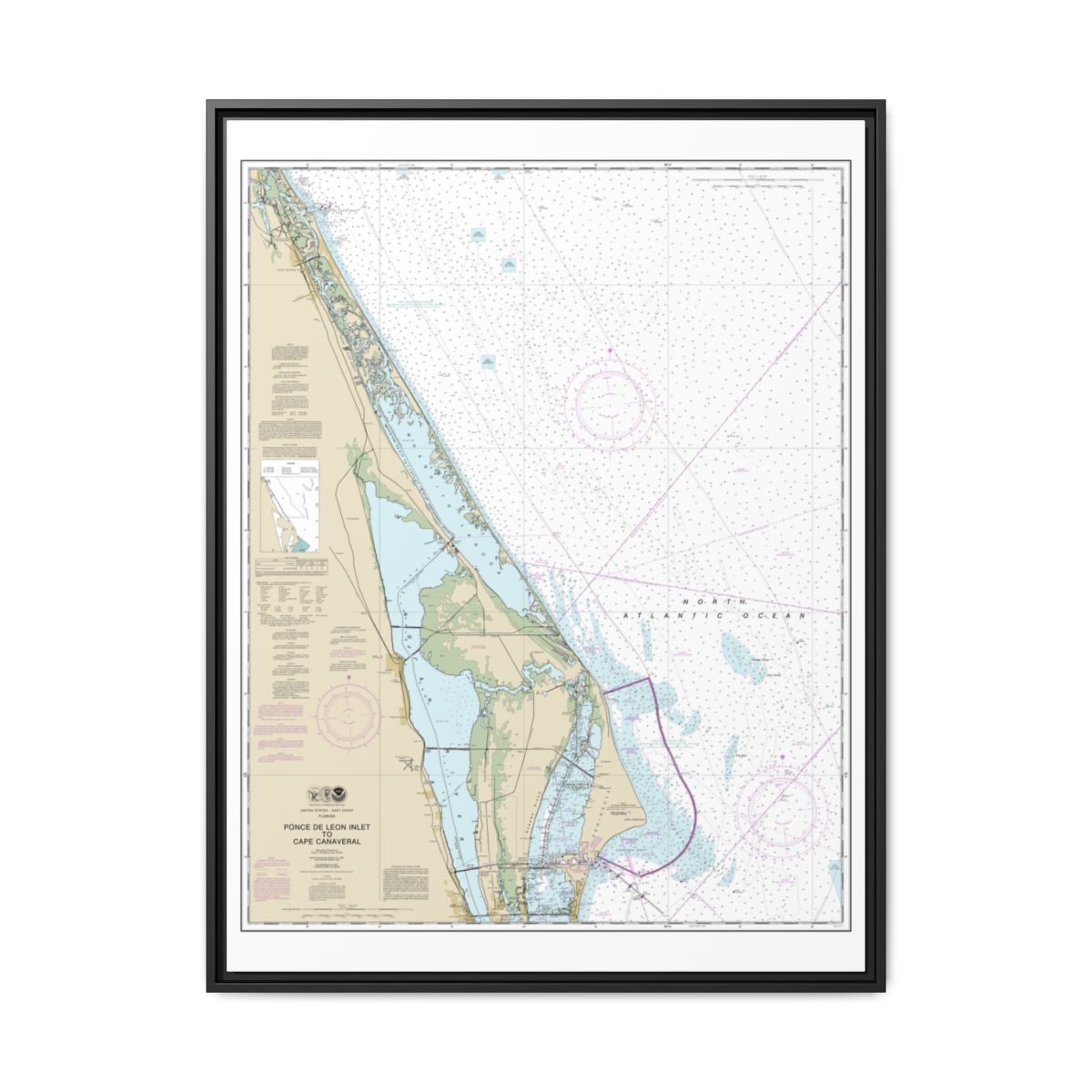 Chart 11484 Ponce de Leon Inlet to Cape Canaveral - NOAA Nautical Chart Floating Frame Canvas | 24" x 32" | 30" x 40" - Black front