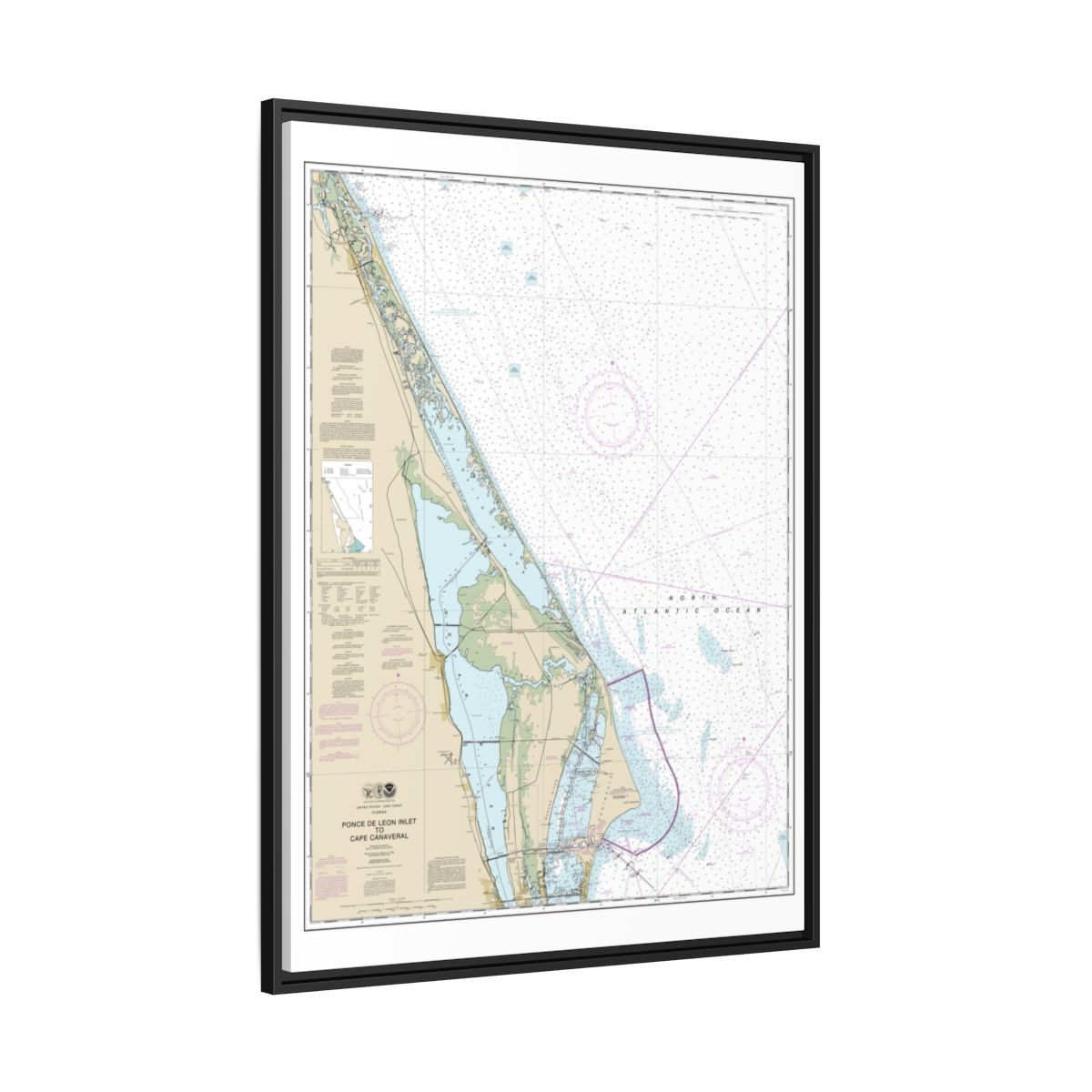 Chart 11484 Ponce de Leon Inlet to Cape Canaveral - NOAA Nautical Chart Floating Frame Canvas | 24" x 32" | 30" x 40" - Black side