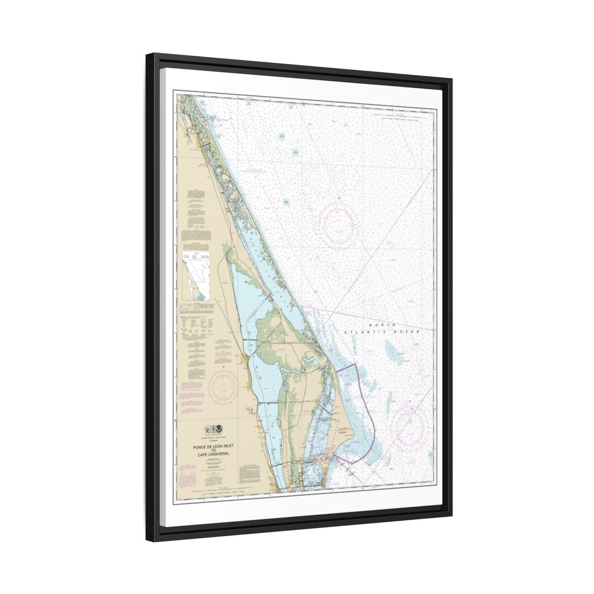 Chart 11484 Ponce de Leon Inlet to Cape Canaveral - NOAA Nautical Chart Floating Frame Canvas | 24" x 32" | 30" x 40" - Black side