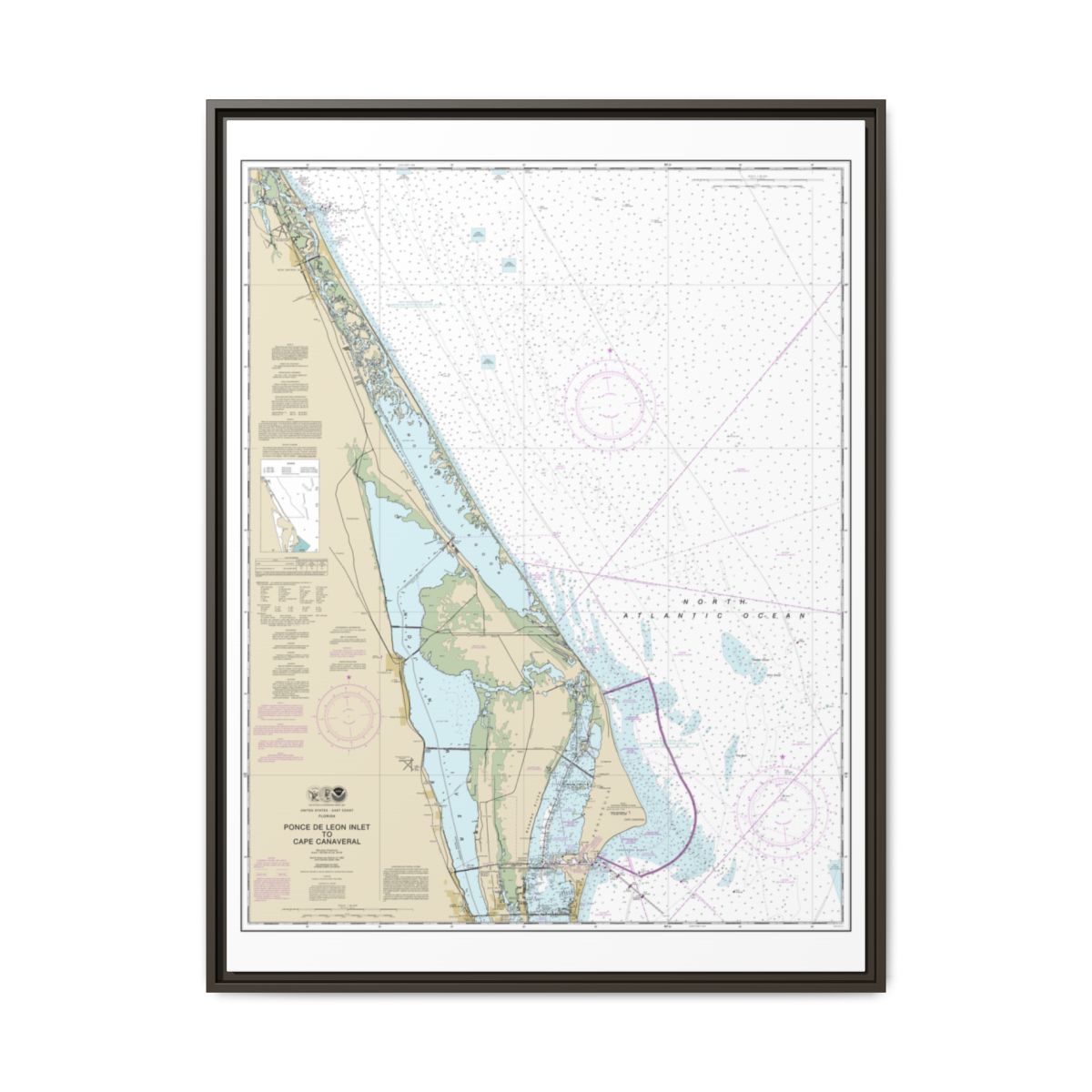 Chart 11484 Ponce de Leon Inlet to Cape Canaveral - NOAA Nautical Chart Floating Frame Canvas | 24" x 32" | 30" x 40" - Espresso front