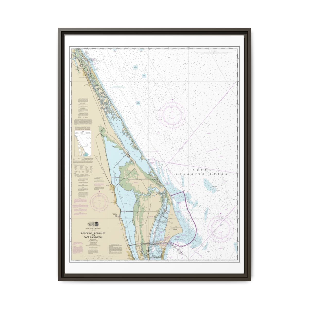 Chart 11484 Ponce de Leon Inlet to Cape Canaveral - NOAA Nautical Chart Floating Frame Canvas | 24" x 32" | 30" x 40" - Espresso front
