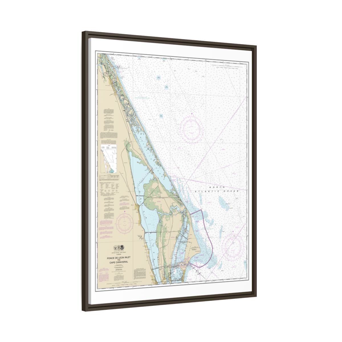 Chart 11484 Ponce de Leon Inlet to Cape Canaveral - NOAA Nautical Chart Floating Frame Canvas | 24" x 32" | 30" x 40" - Espresso side