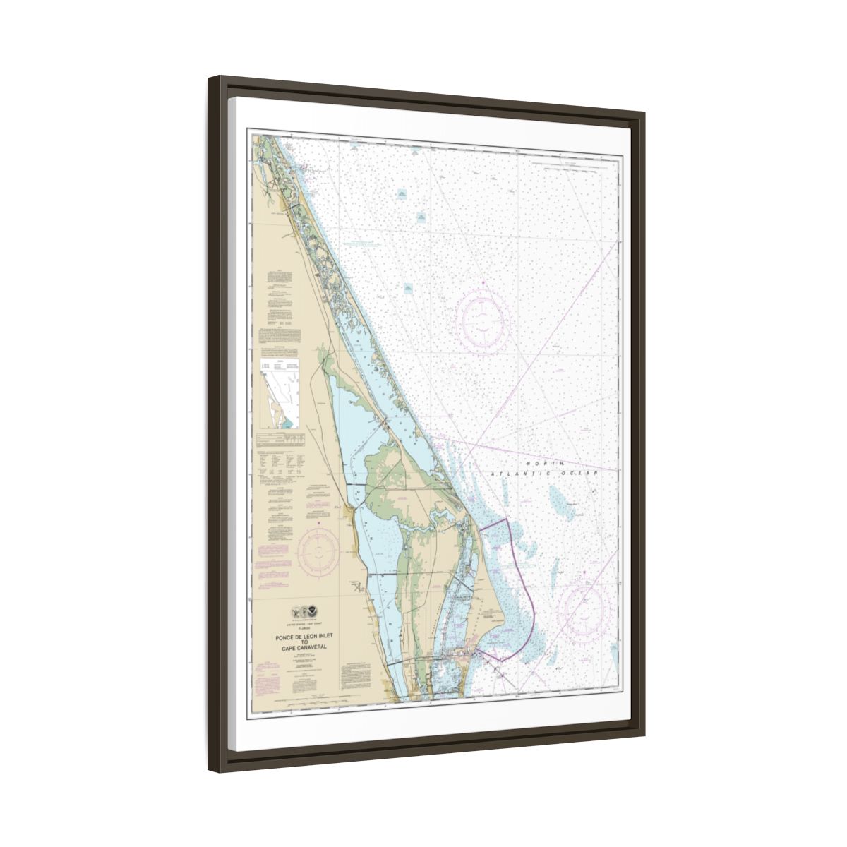 Chart 11484 Ponce de Leon Inlet to Cape Canaveral - NOAA Nautical Chart Floating Frame Canvas | 24" x 32" | 30" x 40" - Espresso side
