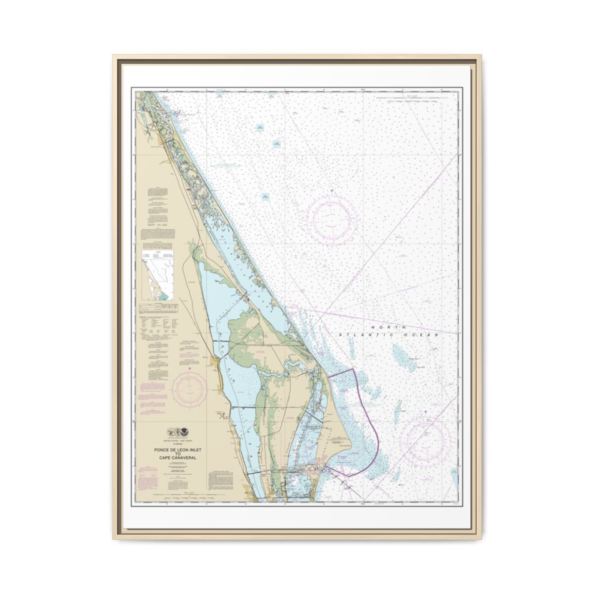 Chart 11484 Ponce de Leon Inlet to Cape Canaveral - NOAA Nautical Chart Floating Frame Canvas | 24" x 32" | 30" x 40" - Natural front
