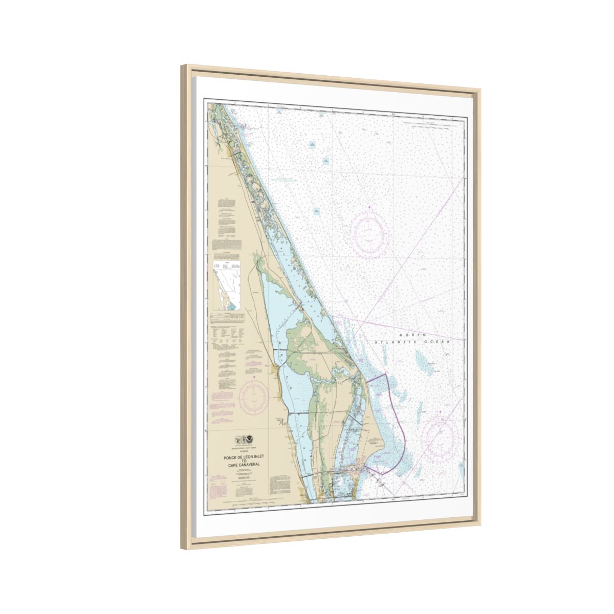 Chart 11484 Ponce de Leon Inlet to Cape Canaveral - NOAA Nautical Chart Floating Frame Canvas | 24" x 32" | 30" x 40" - Natural side