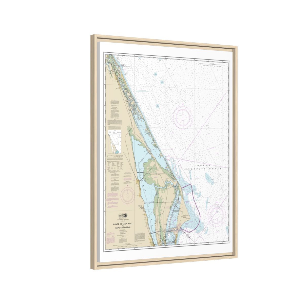 Chart 11484 Ponce de Leon Inlet to Cape Canaveral - NOAA Nautical Chart Floating Frame Canvas | 24" x 32" | 30" x 40" - Natural side
