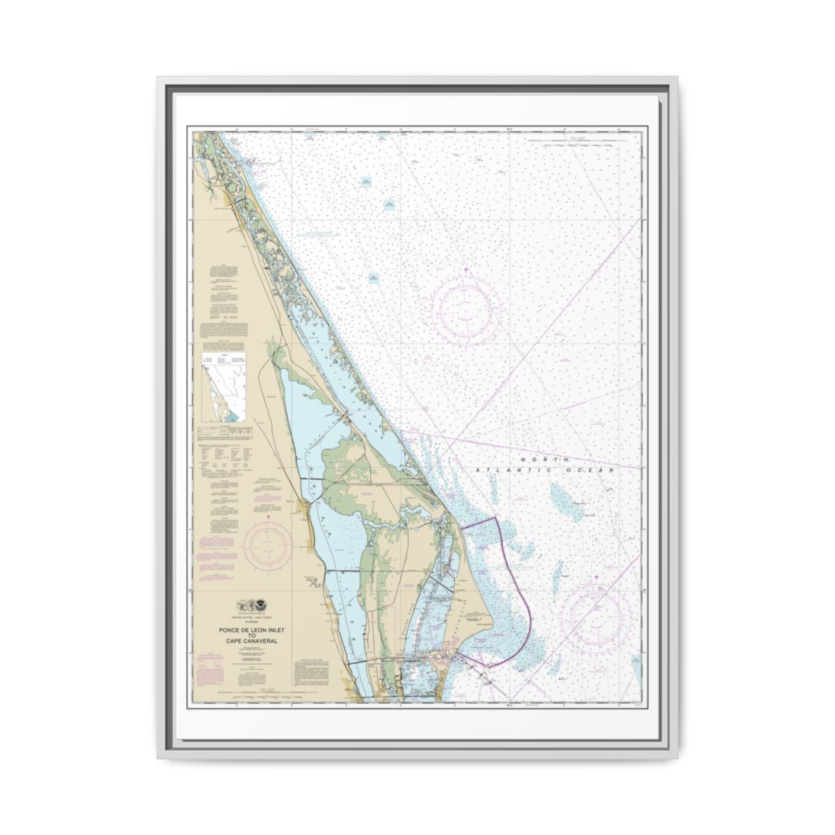 Chart 11484 Ponce de Leon Inlet to Cape Canaveral - NOAA Nautical Chart Floating Frame Canvas | 24" x 32" | 30" x 40" - White front