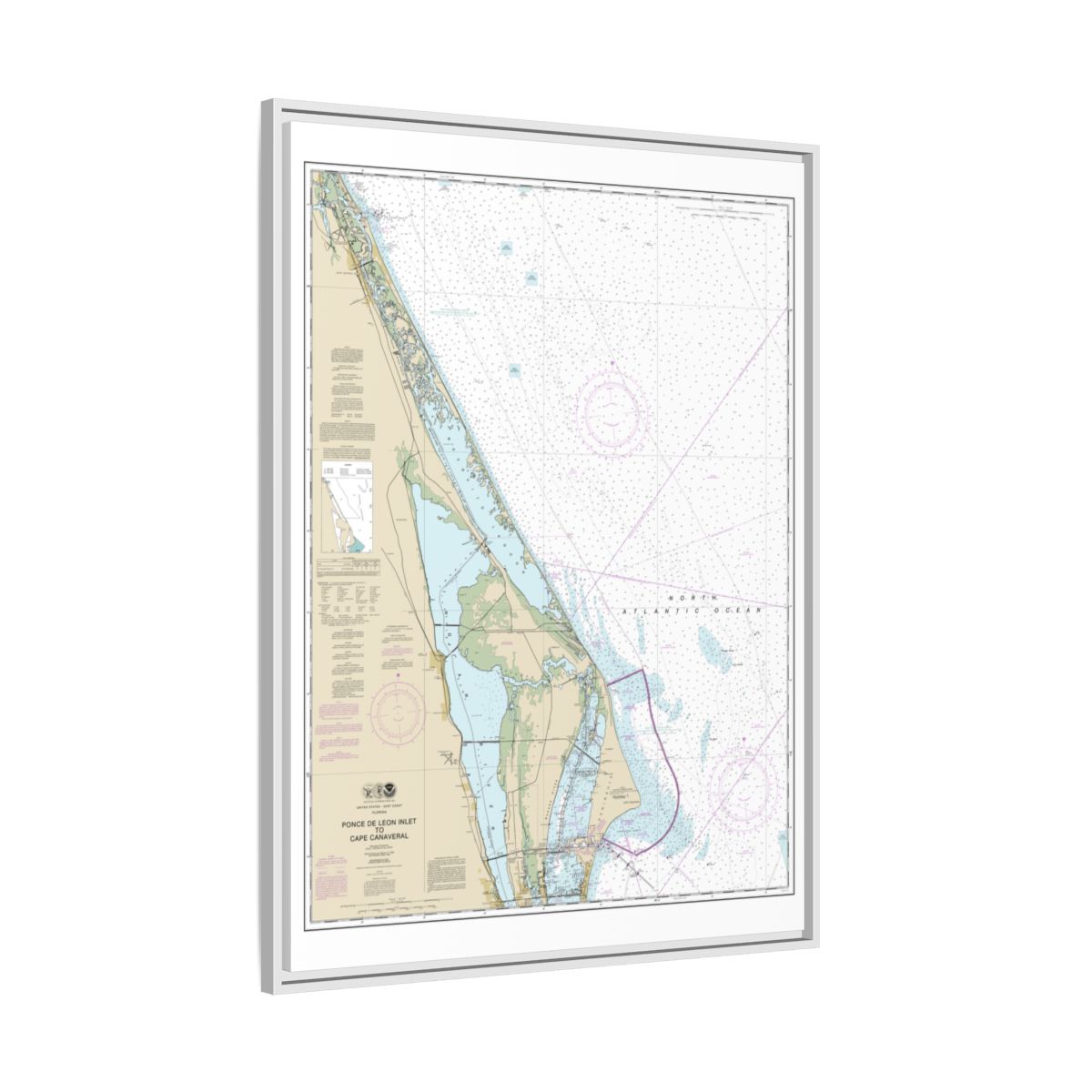 Chart 11484 Ponce de Leon Inlet to Cape Canaveral - NOAA Nautical Chart Floating Frame Canvas | 24" x 32" | 30" x 40" - White side