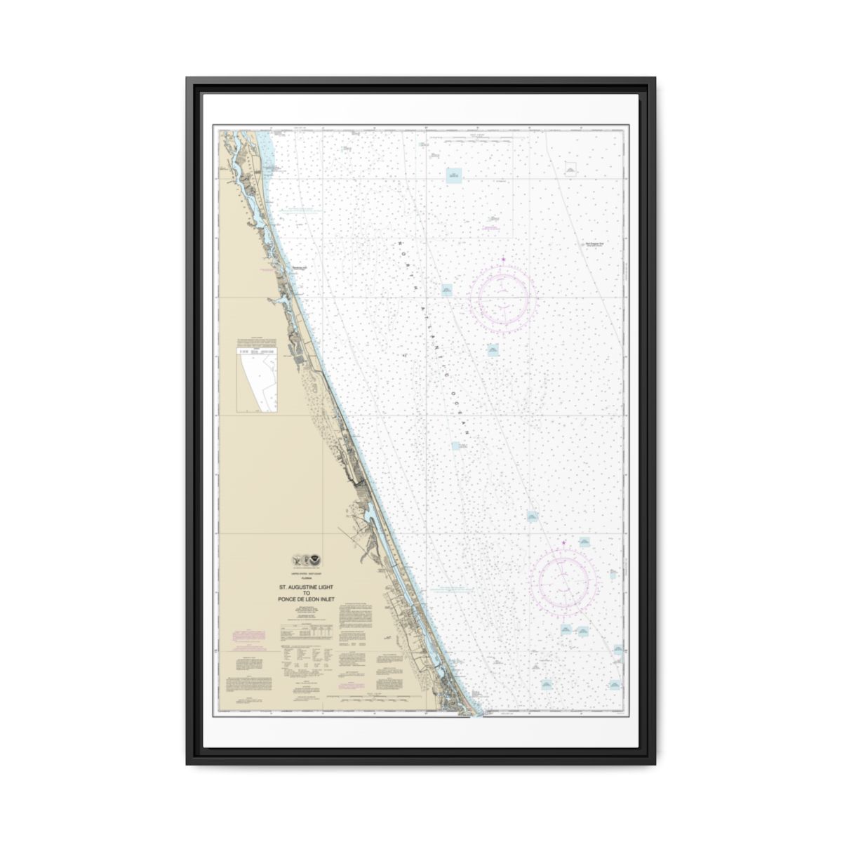 Chart 11486 St. Augustine Light to Ponce de Leon Inlet - NOAA Nautical Chart Floating Frame Canvas | 20" x 30" | 24" x 36" | 32" x 48" - Black front