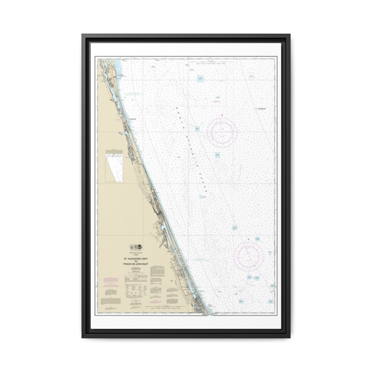 Chart 11486 St. Augustine Light to Ponce de Leon Inlet - NOAA Nautical Chart Floating Frame Canvas | 20" x 30" | 24" x 36" | 32" x 48" - Black front