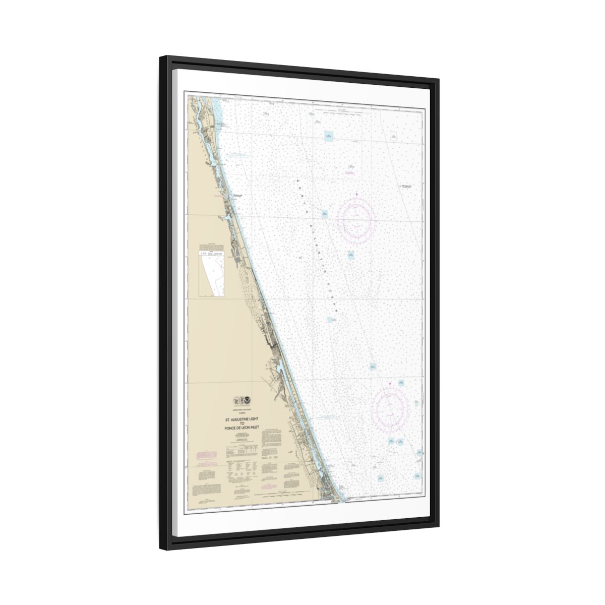 Chart 11486 St. Augustine Light to Ponce de Leon Inlet - NOAA Nautical Chart Floating Frame Canvas | 20" x 30" | 24" x 36" | 32" x 48" - Black side