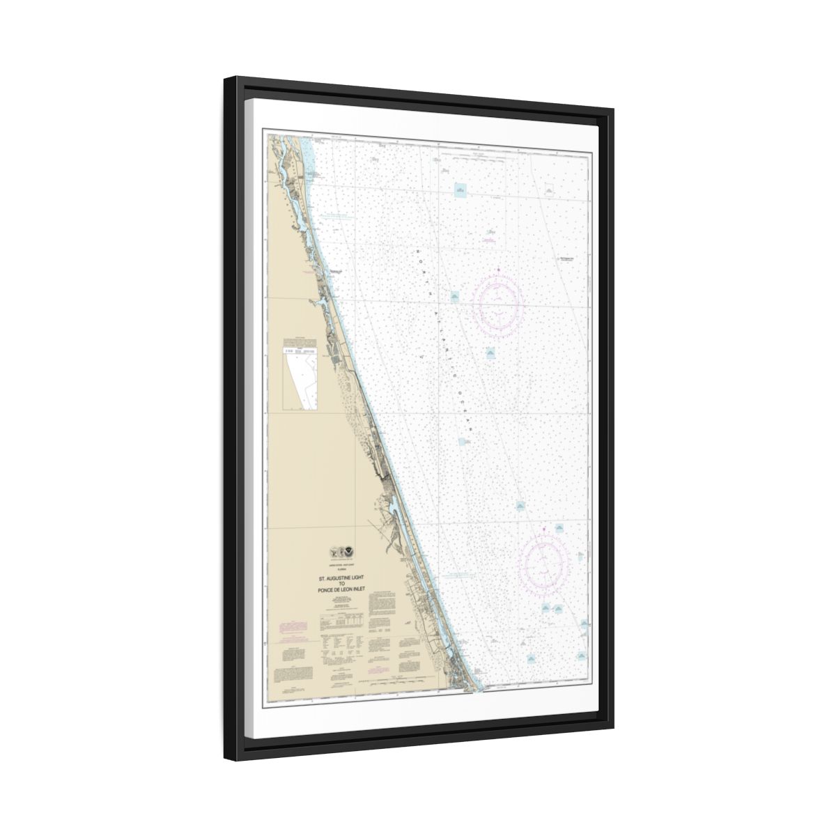 Chart 11486 St. Augustine Light to Ponce de Leon Inlet - NOAA Nautical Chart Floating Frame Canvas | 20" x 30" | 24" x 36" | 32" x 48" - Black side