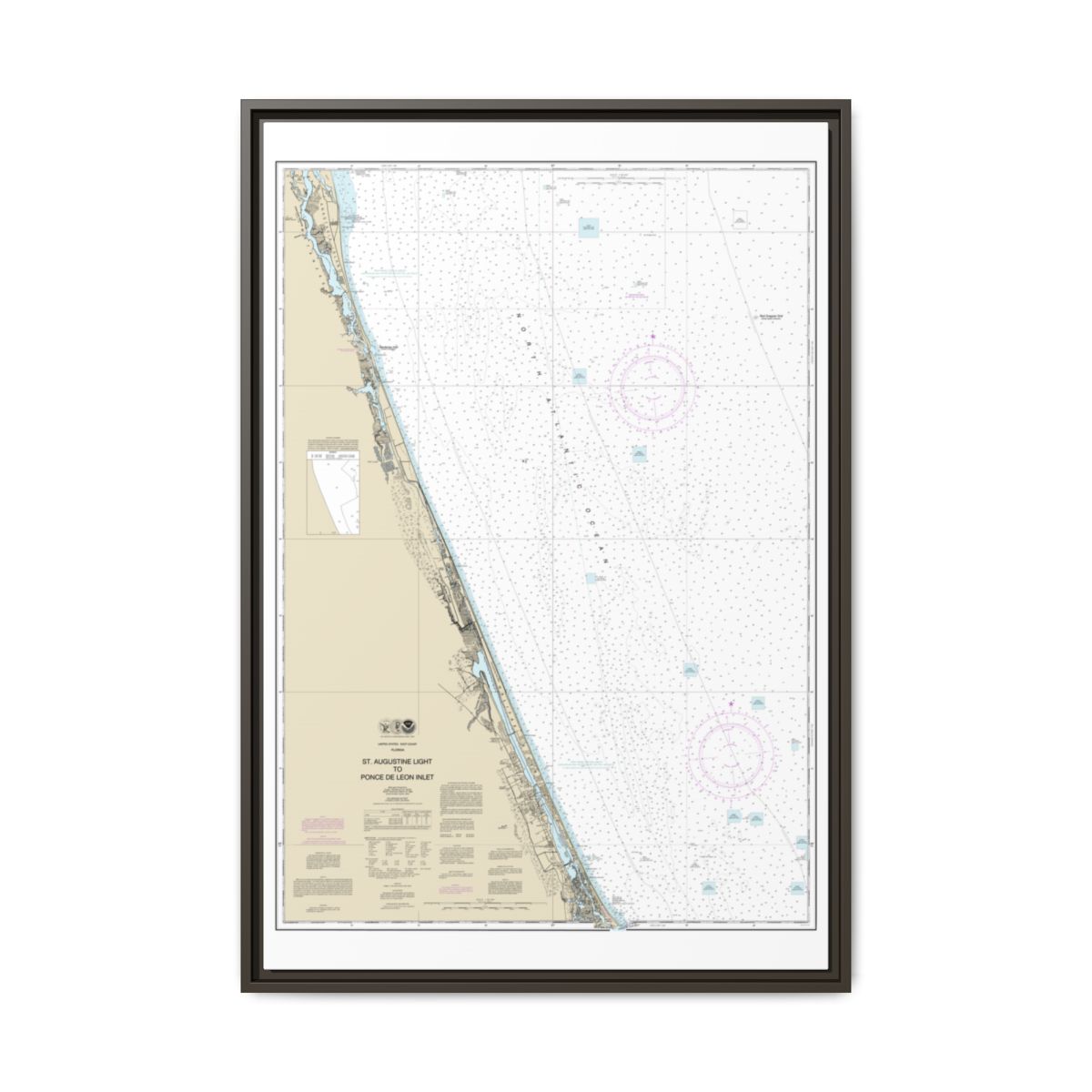 Chart 11486 St. Augustine Light to Ponce de Leon Inlet - NOAA Nautical Chart Floating Frame Canvas | 20" x 30" | 24" x 36" | 32" x 48" - Espresso front