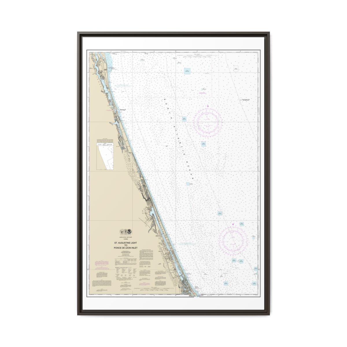 Chart 11486 St. Augustine Light to Ponce de Leon Inlet - NOAA Nautical Chart Floating Frame Canvas | 20" x 30" | 24" x 36" | 32" x 48" - Espresso front