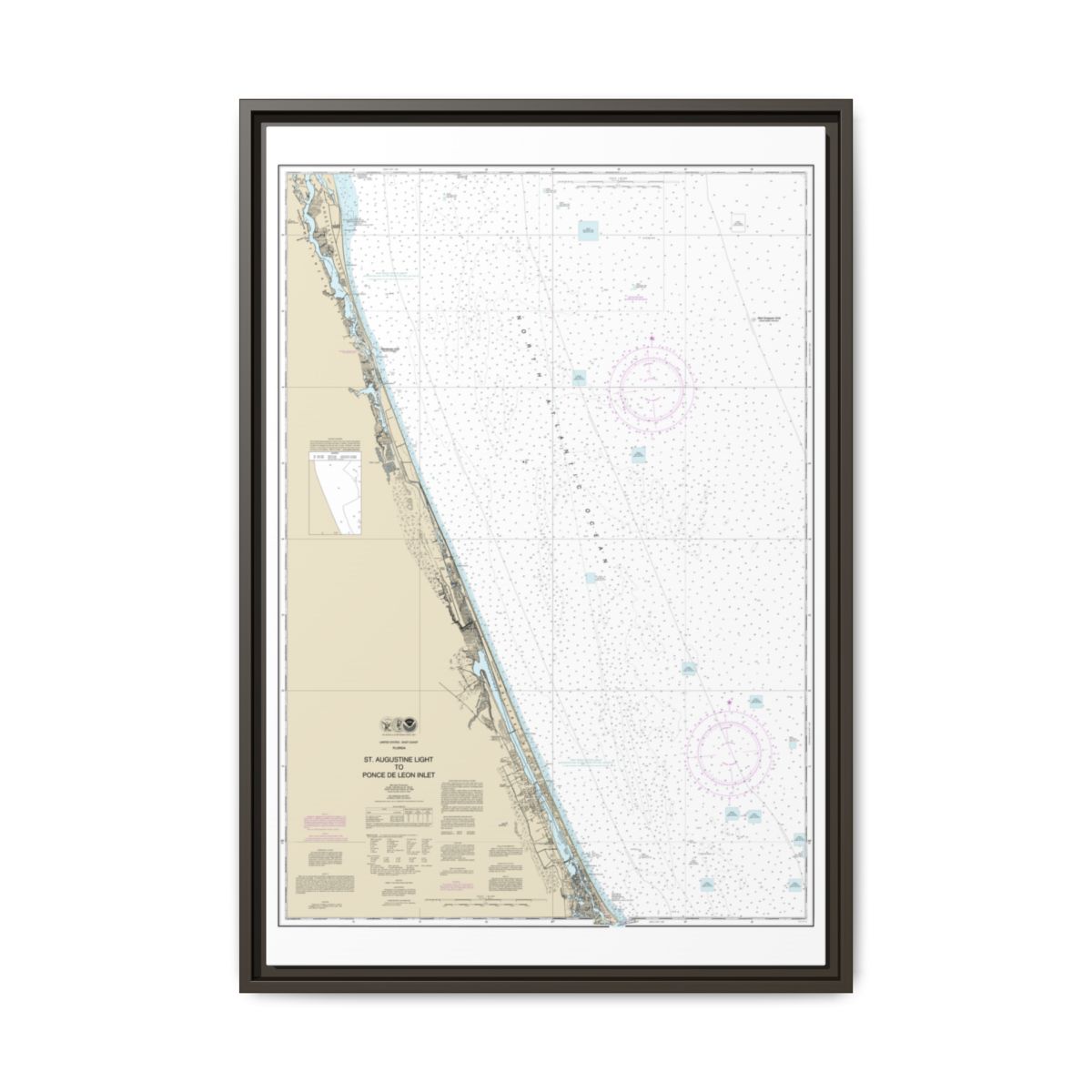 Chart 11486 St. Augustine Light to Ponce de Leon Inlet - NOAA Nautical Chart Floating Frame Canvas | 20" x 30" | 24" x 36" | 32" x 48" - Espresso front