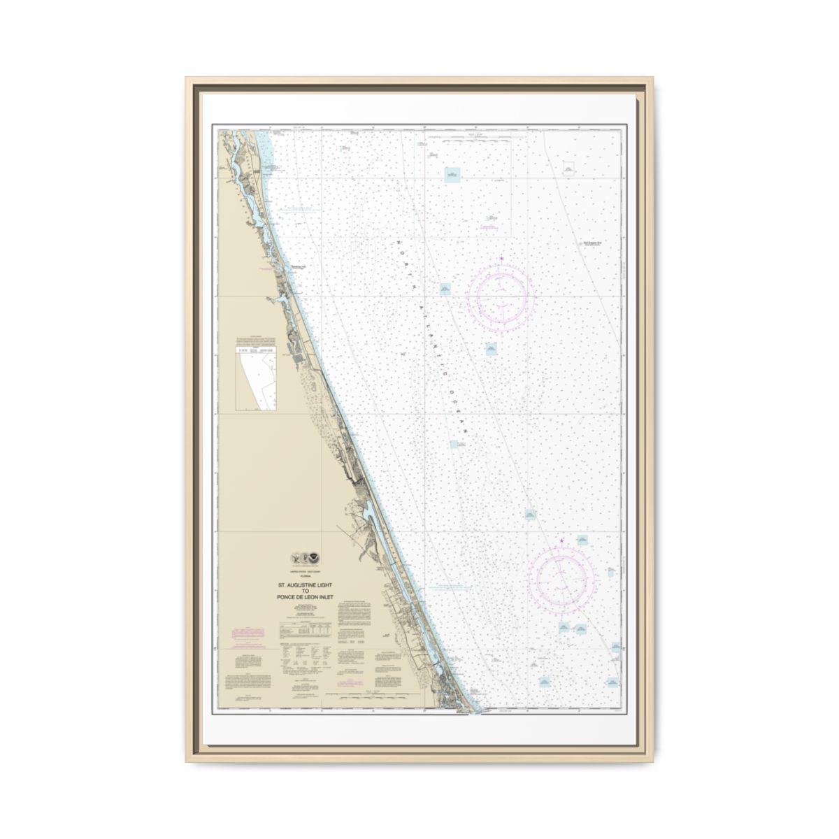 Chart 11486 St. Augustine Light to Ponce de Leon Inlet - NOAA Nautical Chart Floating Frame Canvas | 20" x 30" | 24" x 36" | 32" x 48" - Natural front