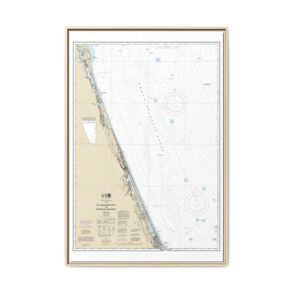 Chart 11486 St. Augustine Light to Ponce de Leon Inlet - NOAA Nautical Chart Floating Frame Canvas | 20" x 30" | 24" x 36" | 32" x 48" - Natural front