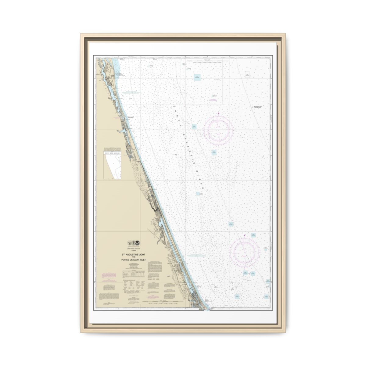 Chart 11486 St. Augustine Light to Ponce de Leon Inlet - NOAA Nautical Chart Floating Frame Canvas | 20" x 30" | 24" x 36" | 32" x 48" - Natural front