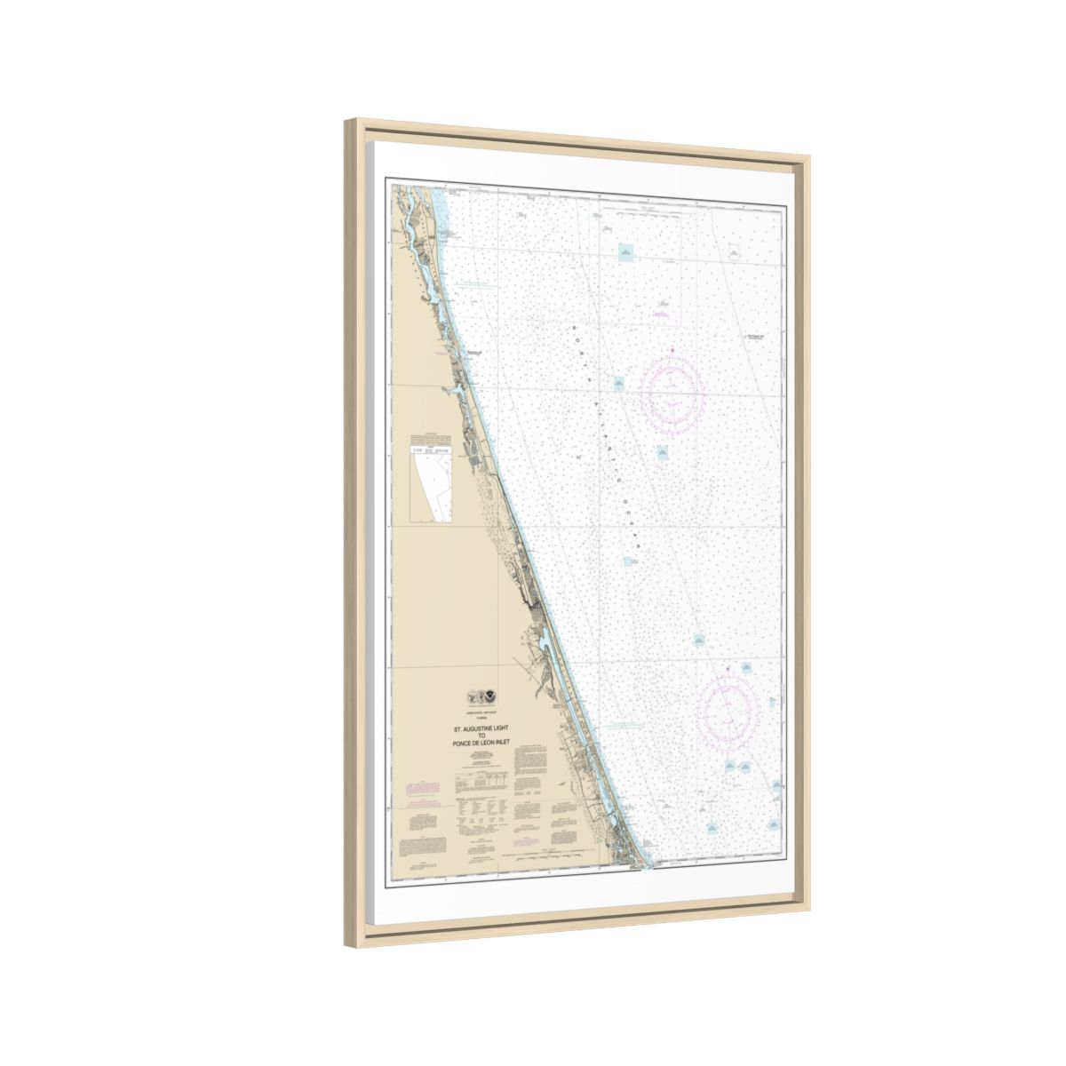 Chart 11486 St. Augustine Light to Ponce de Leon Inlet - NOAA Nautical Chart Floating Frame Canvas | 20" x 30" | 24" x 36" | 32" x 48" - Natural side