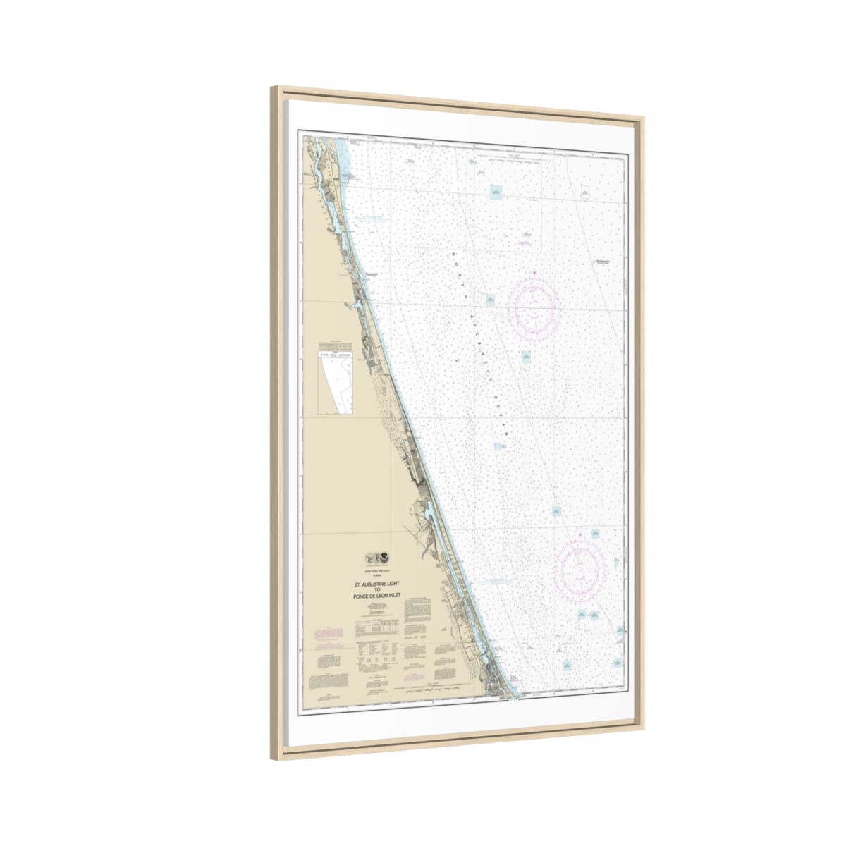 Chart 11486 St. Augustine Light to Ponce de Leon Inlet - NOAA Nautical Chart Floating Frame Canvas | 20" x 30" | 24" x 36" | 32" x 48" - Natural side