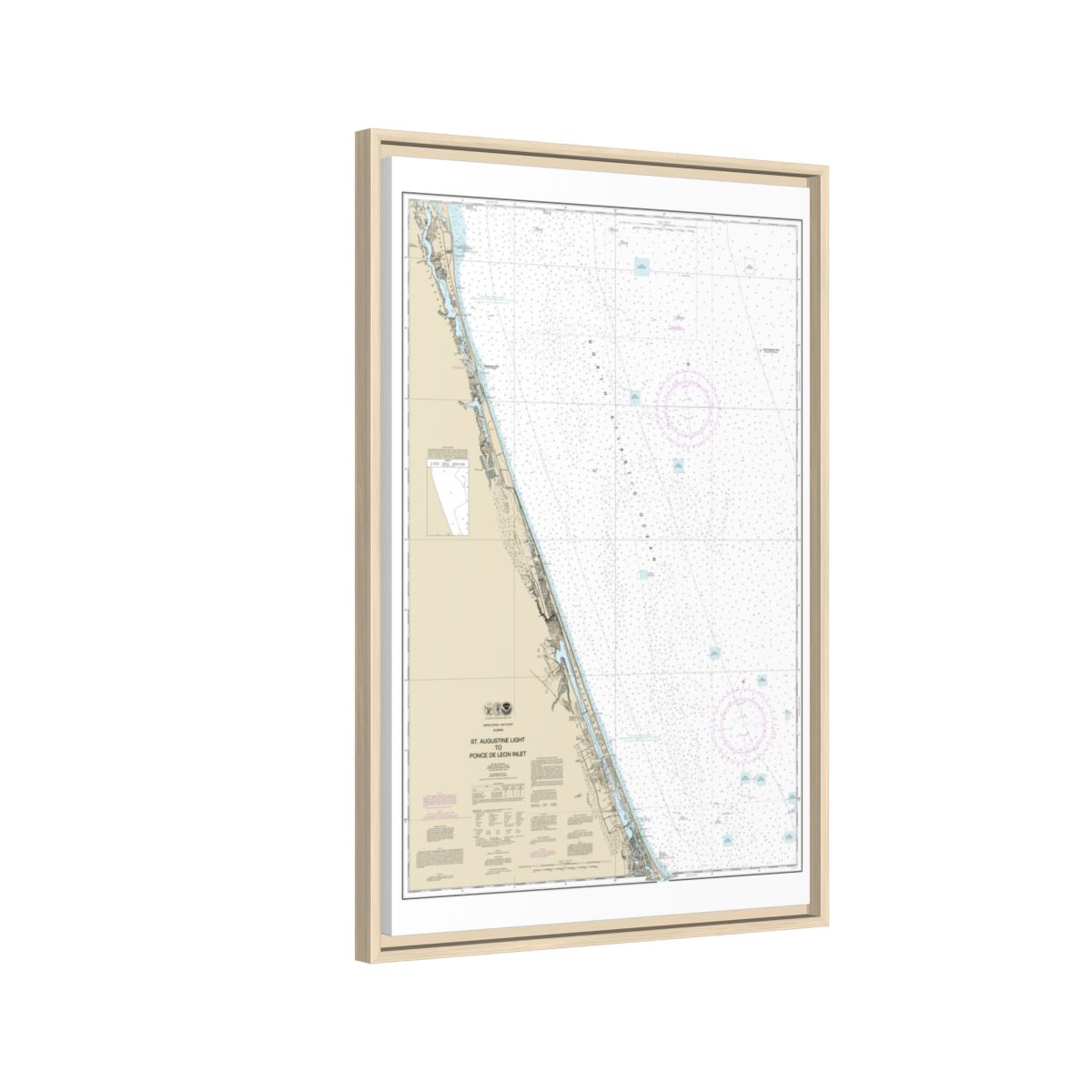 Chart 11486 St. Augustine Light to Ponce de Leon Inlet - NOAA Nautical Chart Floating Frame Canvas | 20" x 30" | 24" x 36" | 32" x 48" - Natural side