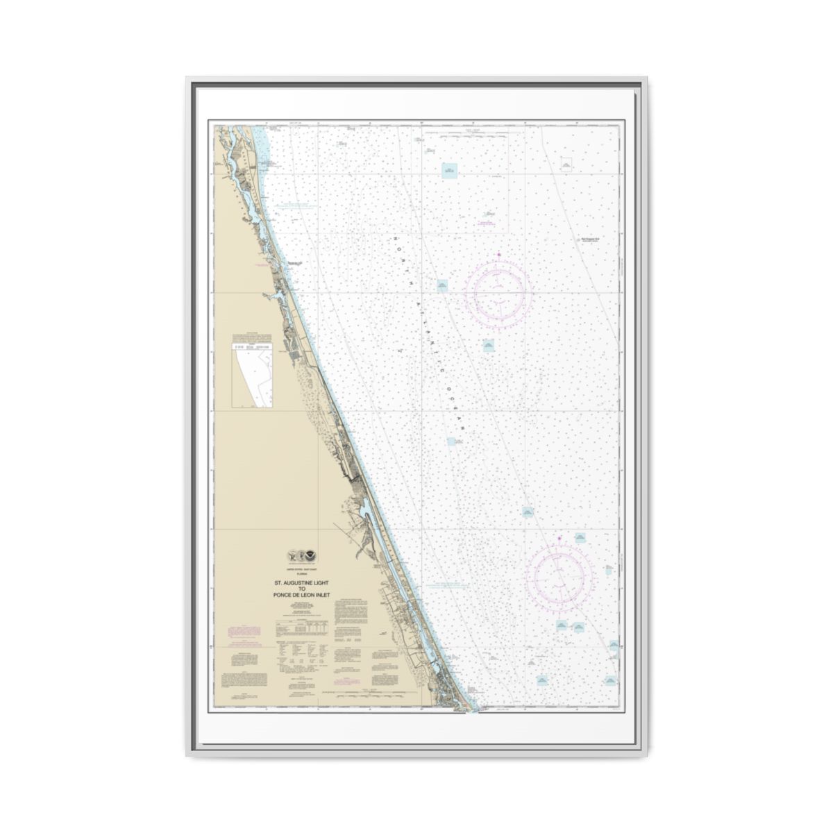 Chart 11486 St. Augustine Light to Ponce de Leon Inlet - NOAA Nautical Chart Floating Frame Canvas | 20" x 30" | 24" x 36" | 32" x 48" - White front