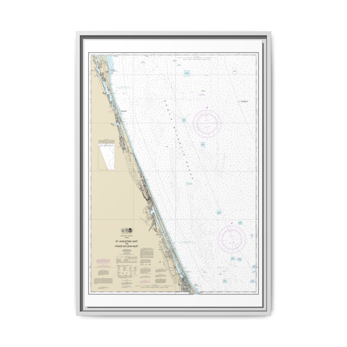 Chart 11486 St. Augustine Light to Ponce de Leon Inlet - NOAA Nautical Chart Floating Frame Canvas | 20" x 30" | 24" x 36" | 32" x 48" - White front