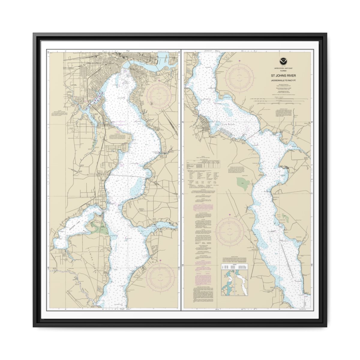 Chart 11492 St. John's River Jacksonville to Racy Point - NOAA Nautical Chart Floating Frame Canvas | 32" x 32" - Black front
