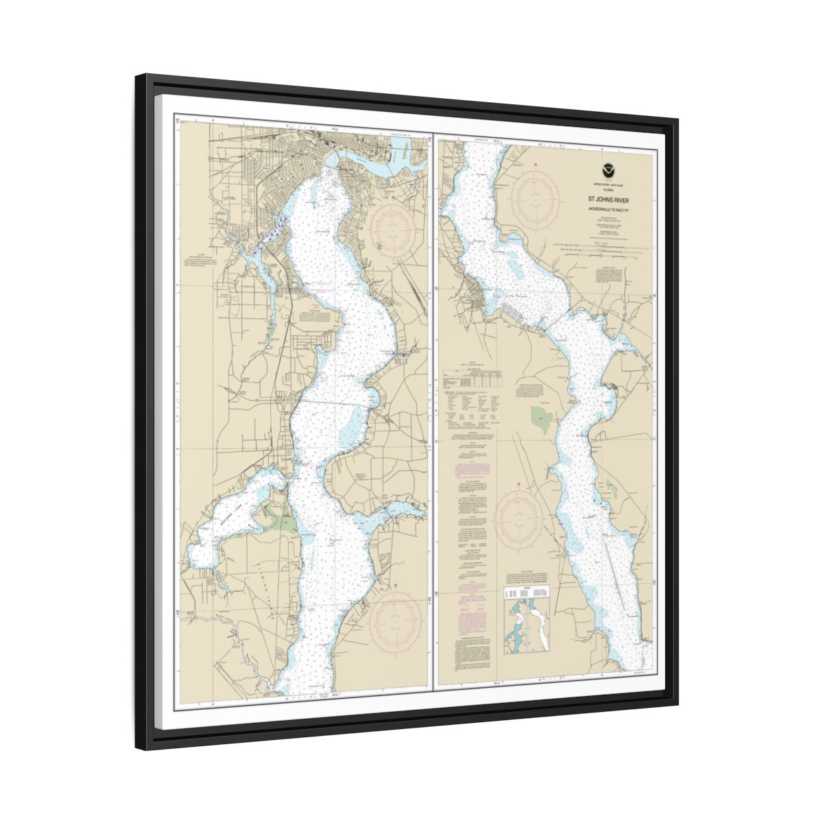 Chart 11492 St. John's River Jacksonville to Racy Point - NOAA Nautical Chart Floating Frame Canvas | 32" x 32" - Black side