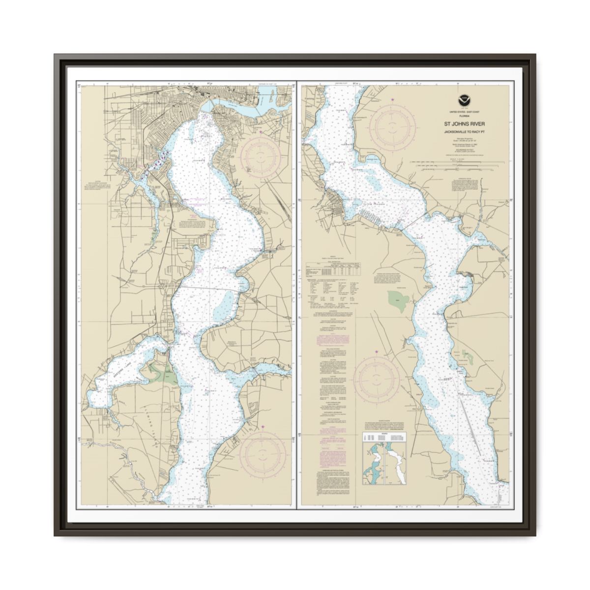 Chart 11492 St. John's River Jacksonville to Racy Point - NOAA Nautical Chart Floating Frame Canvas | 32" x 32" - Espresso front