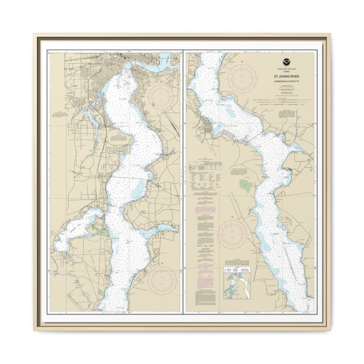Chart 11492 St. John's River Jacksonville to Racy Point - NOAA Nautical Chart Floating Frame Canvas | 32" x 32" - Natural front