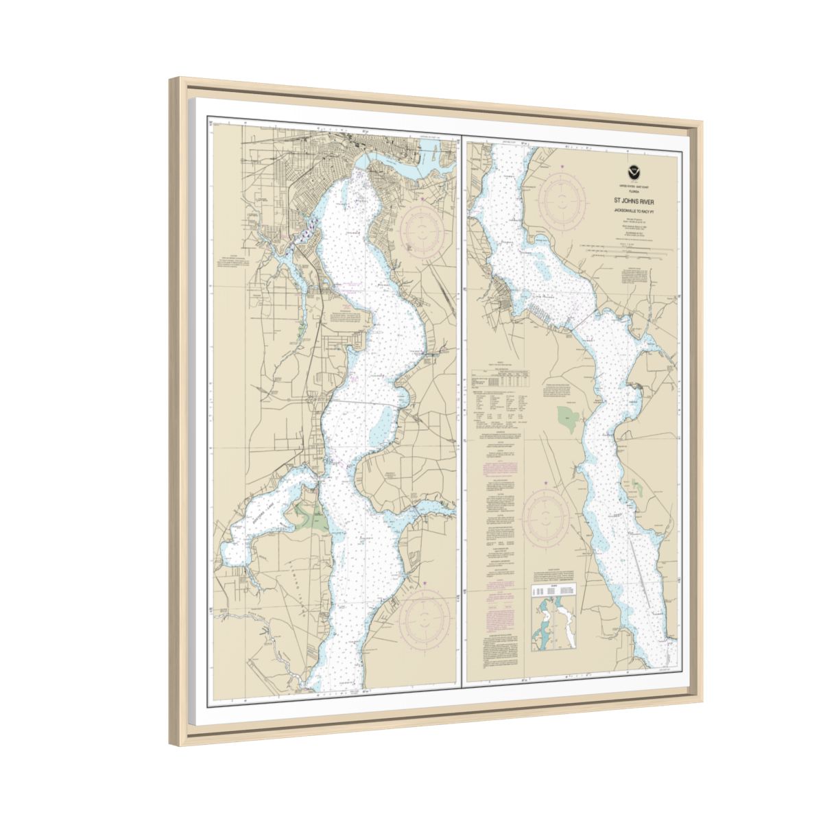 Chart 11492 St. John's River Jacksonville to Racy Point - NOAA Nautical Chart Floating Frame Canvas | 32" x 32" - Natural side