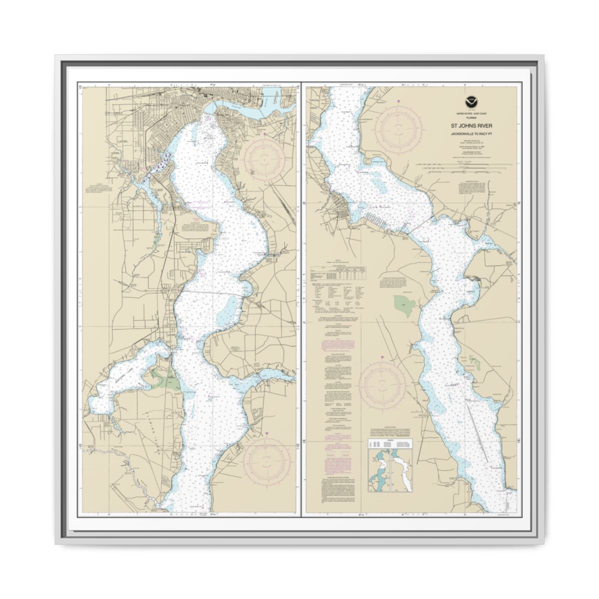 Chart 11492 St. John's River Jacksonville to Racy Point - NOAA Nautical Chart Floating Frame Canvas | 32" x 32" - White front